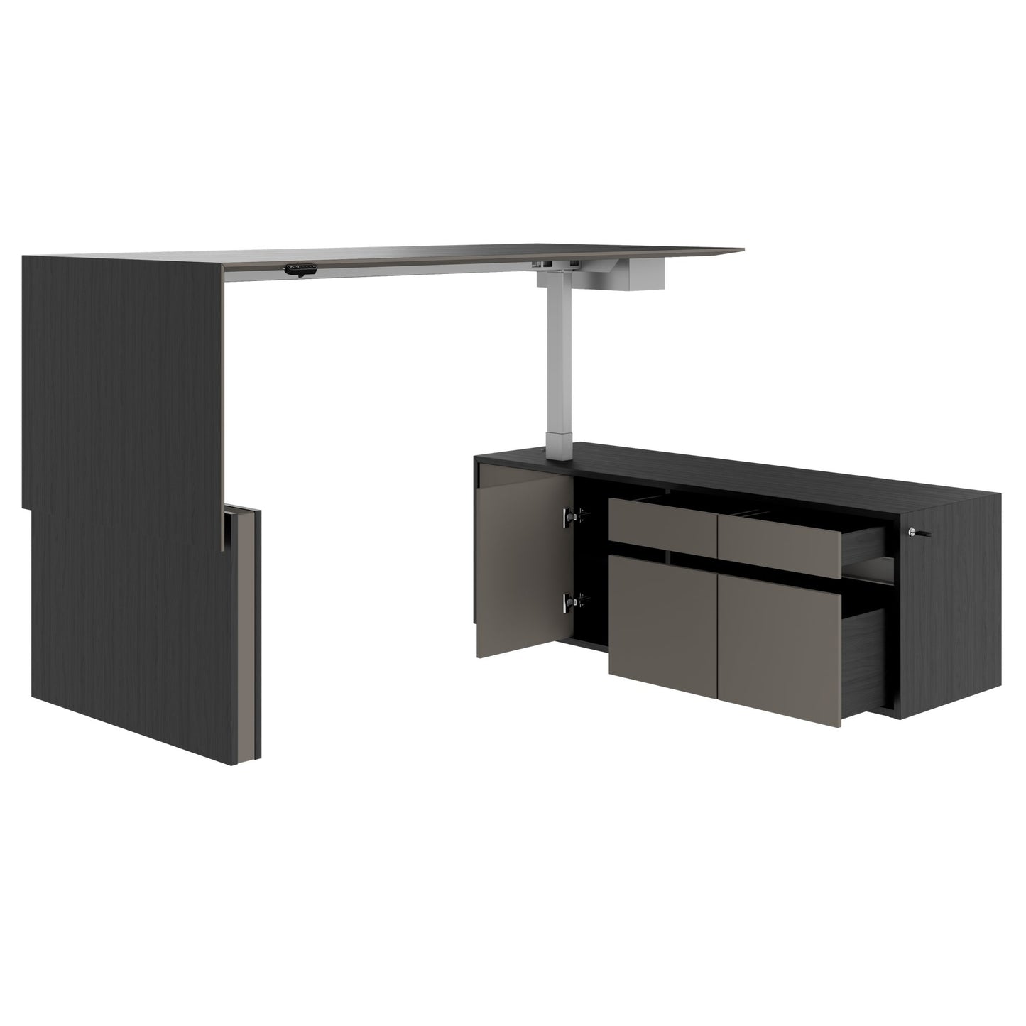 MOTION 2-Motoren-Schreibtisch mit Sideboard | Elektrisch höhenverstellbar, 2000 x 1800 mm, Esche Schwarz Furnier
