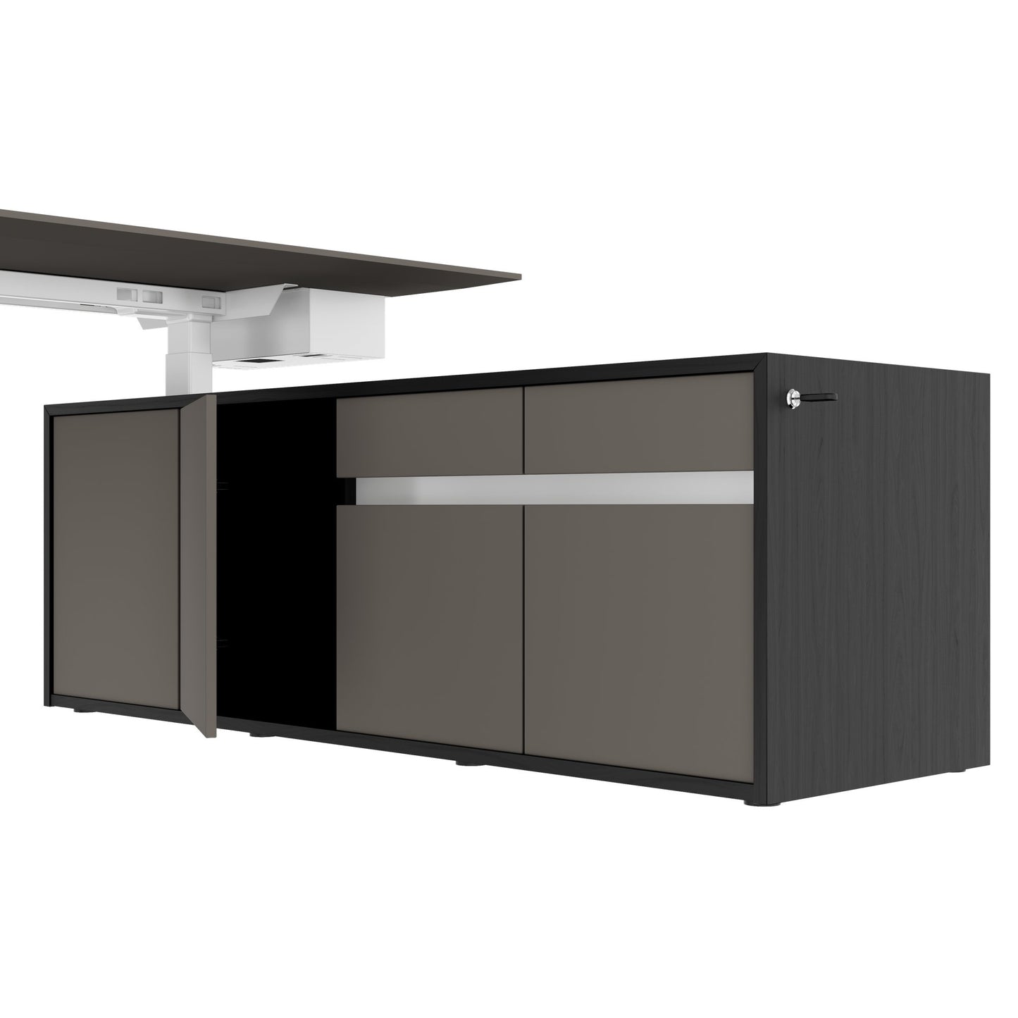MOTION 2-Motoren-Schreibtisch mit Sideboard | Elektrisch höhenverstellbar, 2000 x 1800 mm, Esche Schwarz Furnier