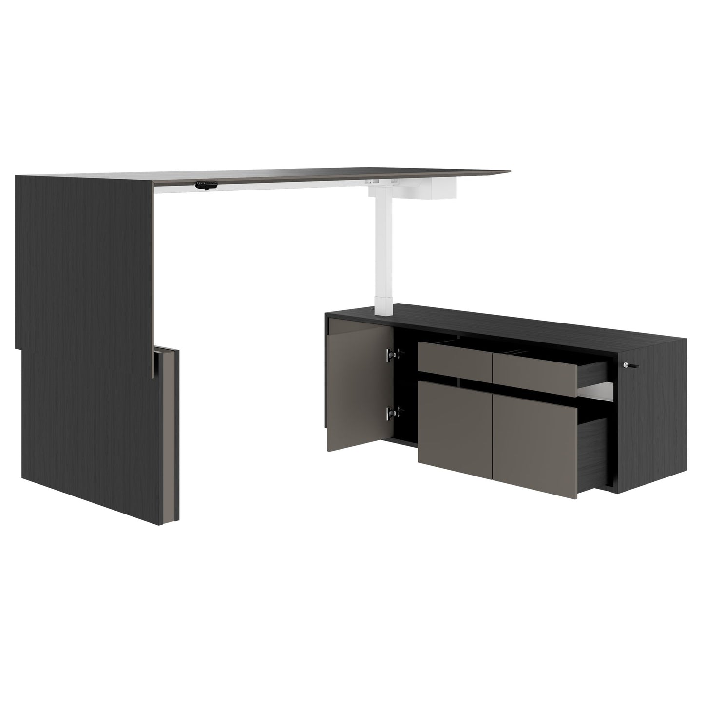 MOTION 2-Motoren-Schreibtisch mit Sideboard | Elektrisch höhenverstellbar, 2000 x 1800 mm, Esche Schwarz Furnier