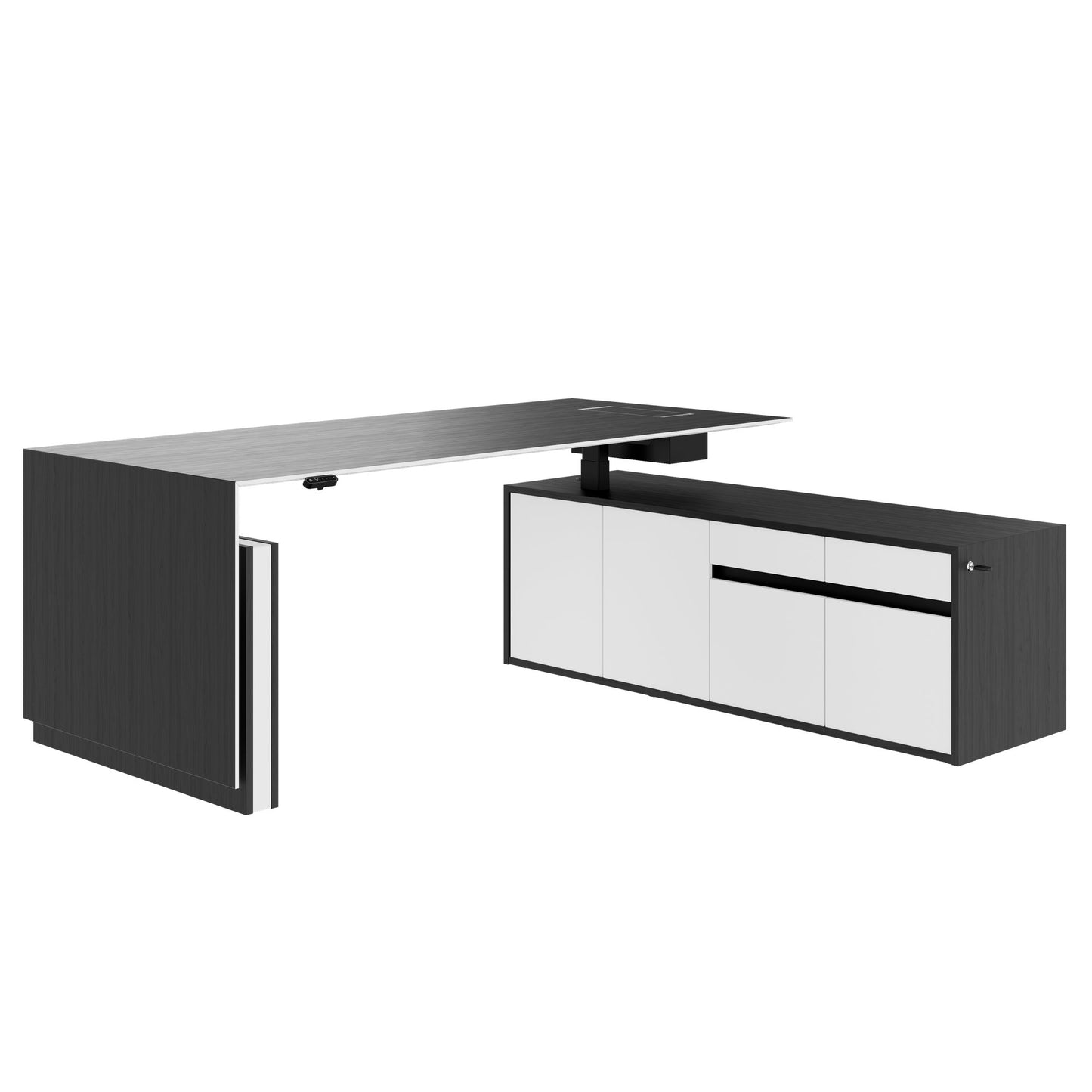 MOTION 2-Motoren-Schreibtisch mit Sideboard | Elektrisch höhenverstellbar, 2000 x 1800 mm, Esche Schwarz Furnier