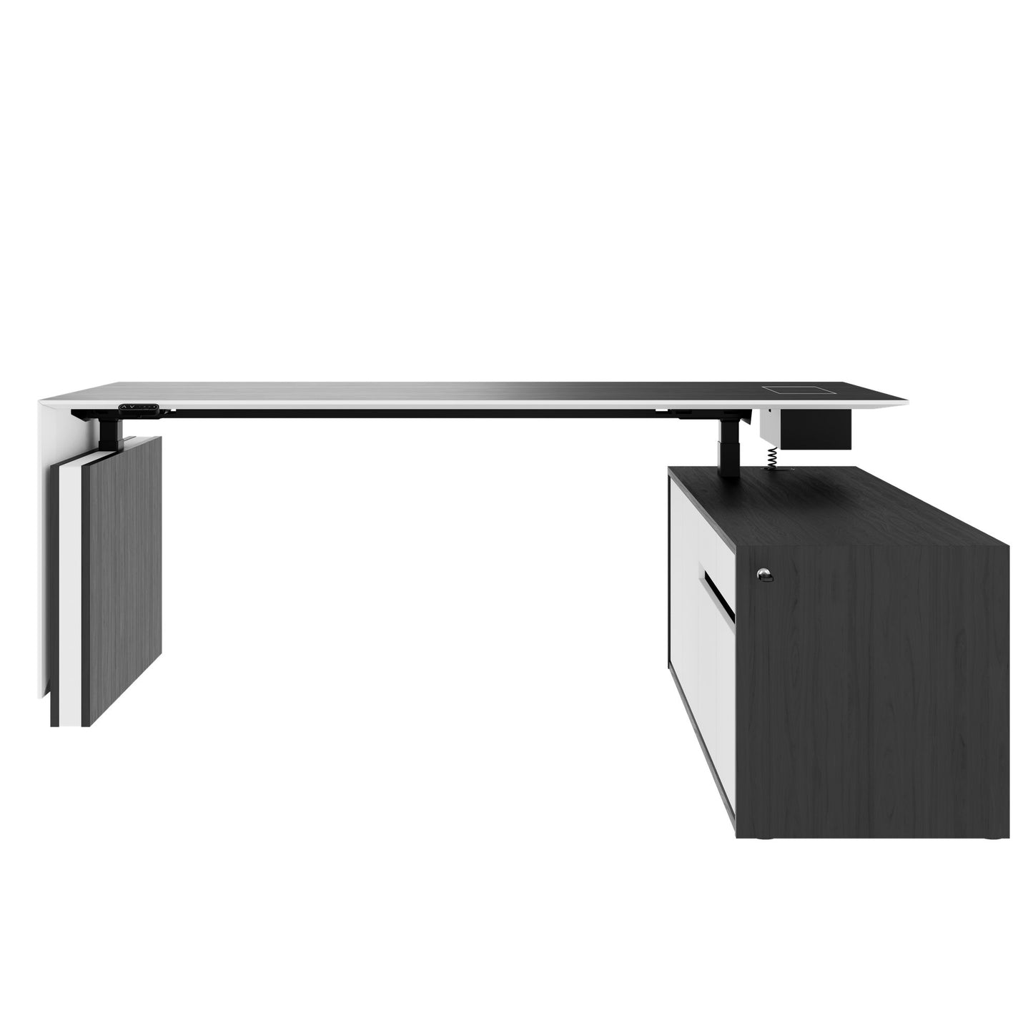 MOTION 2-Motoren-Schreibtisch mit Sideboard | Elektrisch höhenverstellbar, 2000 x 1800 mm, Esche Schwarz Furnier