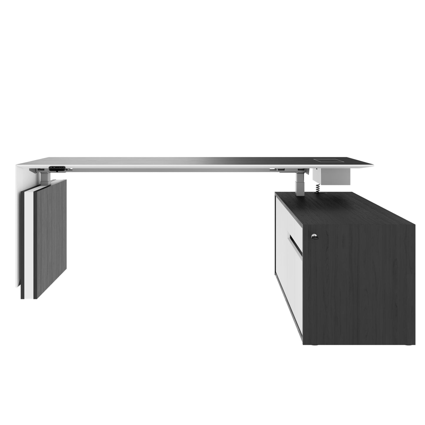 MOTION 2-Motoren-Schreibtisch mit Sideboard | Elektrisch höhenverstellbar, 2000 x 1800 mm, Esche Schwarz Furnier