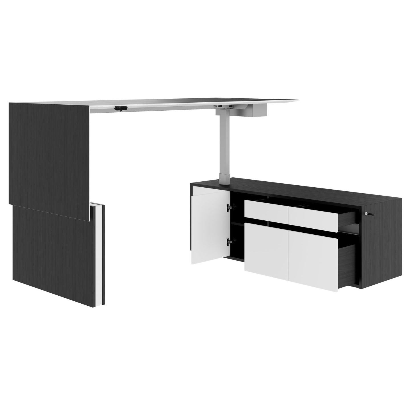 MOTION 2-Motoren-Schreibtisch mit Sideboard | Elektrisch höhenverstellbar, 2000 x 1800 mm, Esche Schwarz Furnier
