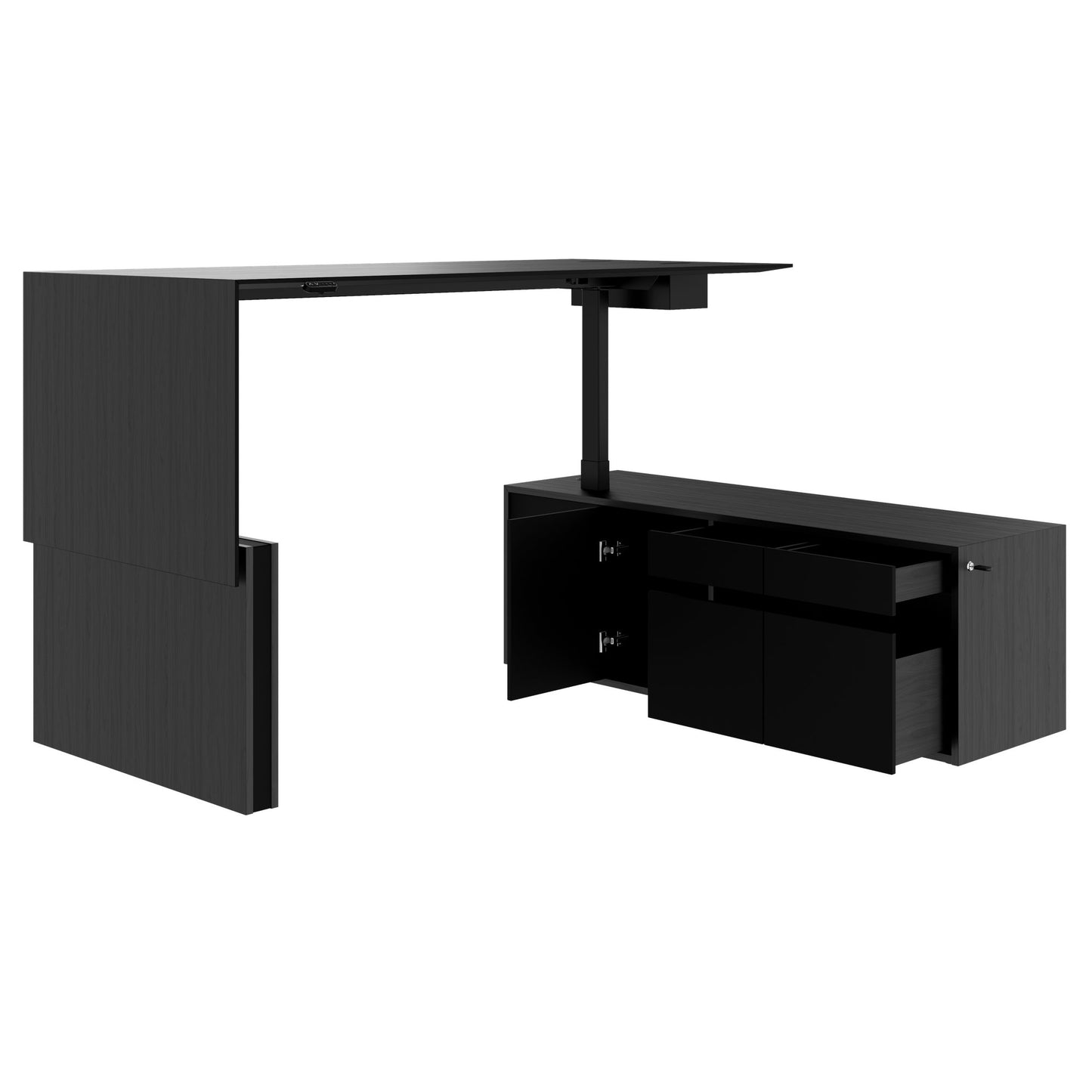 MOTION 2-Motoren-Schreibtisch mit Sideboard | Elektrisch höhenverstellbar, 2000 x 1800 mm, Esche Schwarz Furnier