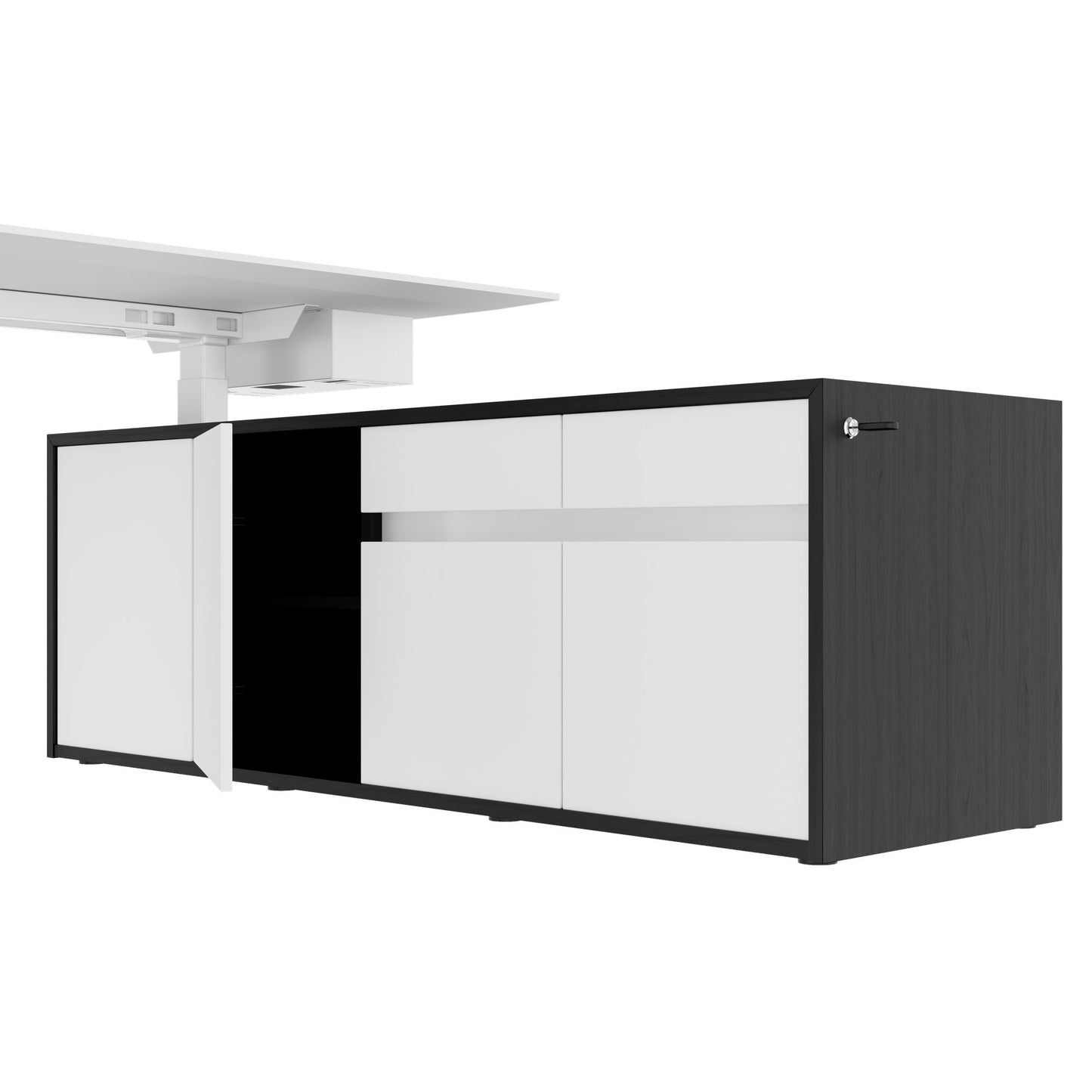 MOTION 2-Motoren-Schreibtisch mit Sideboard | Elektrisch höhenverstellbar, 2000 x 1800 mm, Esche Schwarz Furnier