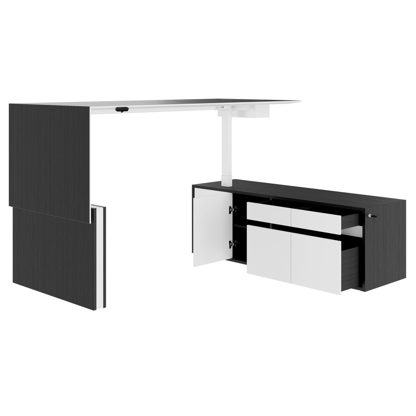 MOTION 2-Motoren-Schreibtisch mit Sideboard | Elektrisch höhenverstellbar, 2000 x 1800 mm, Esche Schwarz Furnier