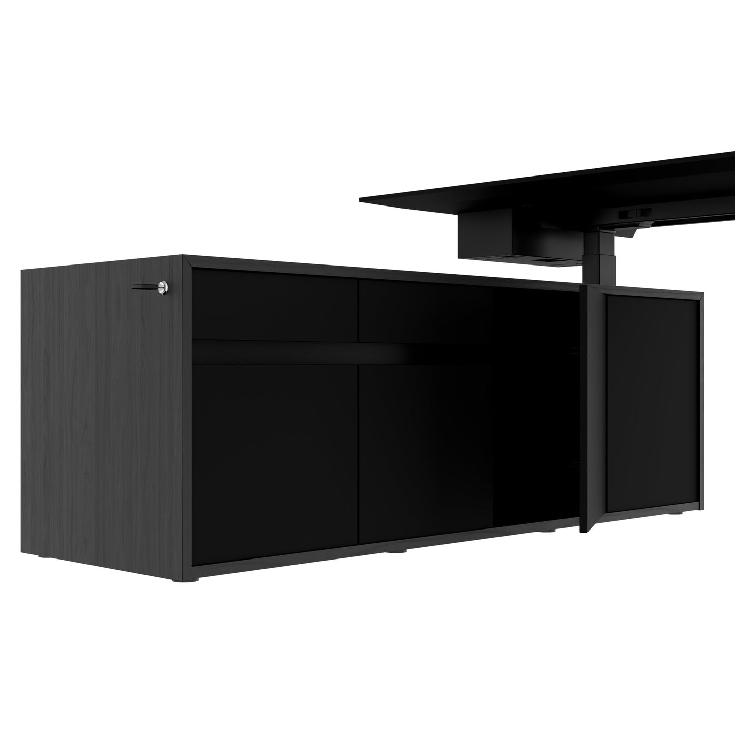 MOTION 2-Motoren-Schreibtisch mit Sideboard | Elektrisch höhenverstellbar, 2000 x 1800 mm, Esche Schwarz Furnier