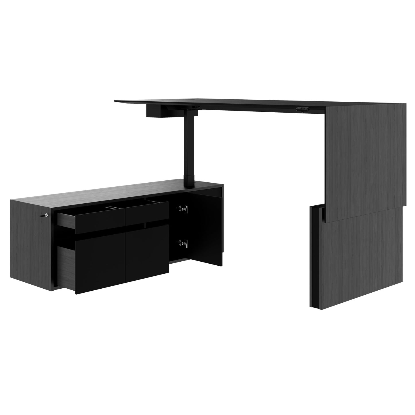 MOTION 2-Motoren-Schreibtisch mit Sideboard | Elektrisch höhenverstellbar, 2000 x 1800 mm, Esche Schwarz Furnier