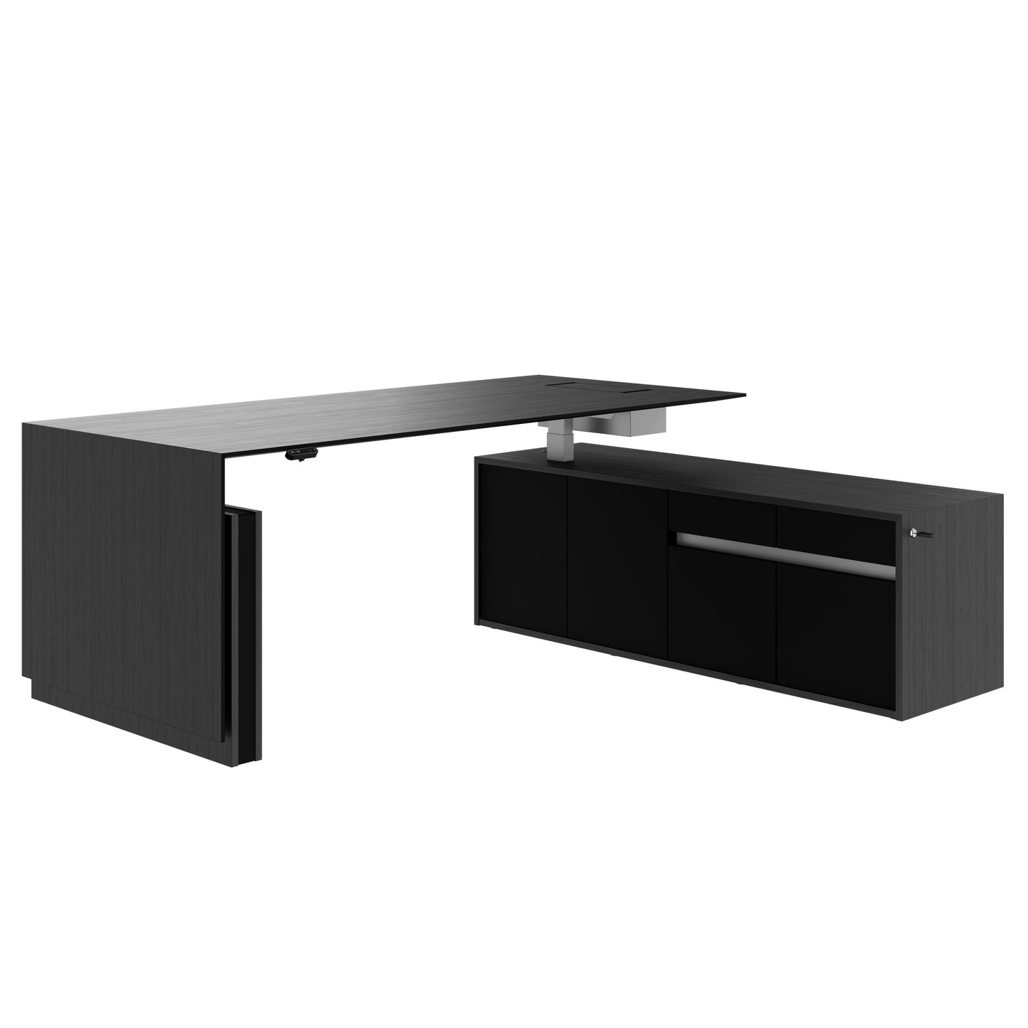 MOTION 2-Motoren-Schreibtisch mit Sideboard | Elektrisch höhenverstellbar, 2000 x 1800 mm, Esche Schwarz Furnier