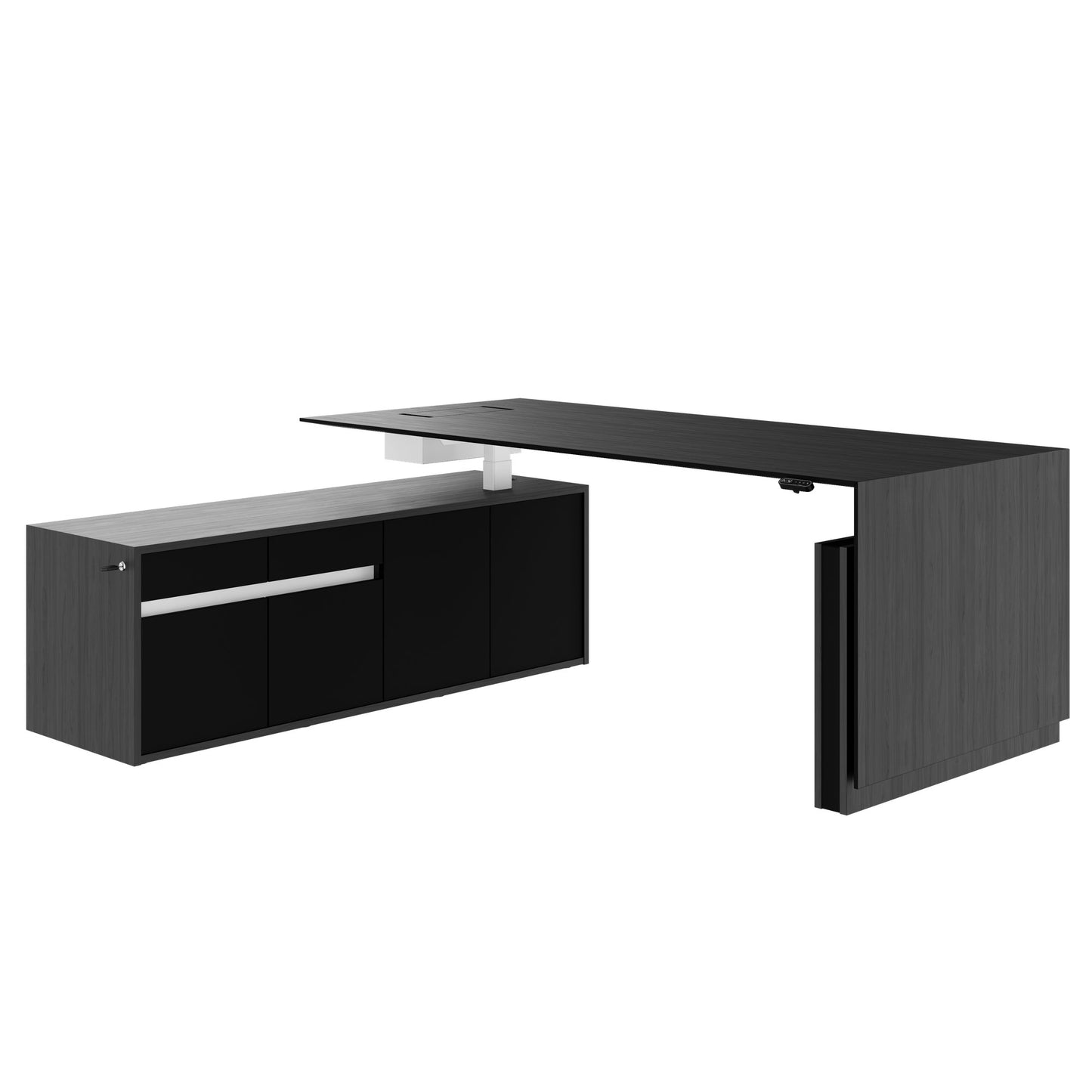 MOTION 2-Motoren-Schreibtisch mit Sideboard | Elektrisch höhenverstellbar, 2000 x 1800 mm, Esche Schwarz Furnier