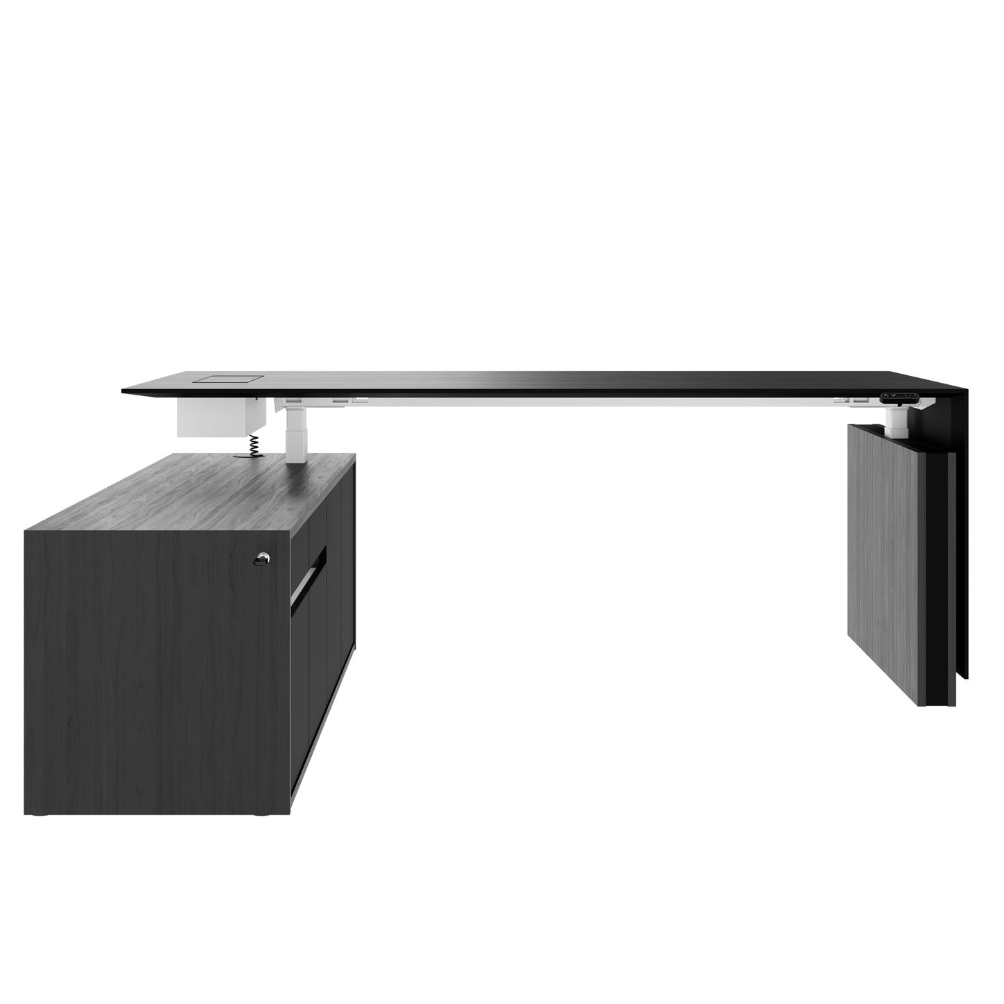 MOTION 2-Motoren-Schreibtisch mit Sideboard | Elektrisch höhenverstellbar, 2000 x 1800 mm, Esche Schwarz Furnier