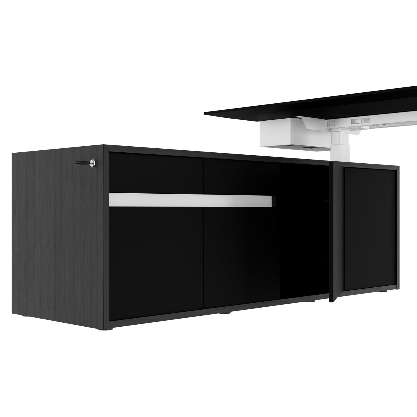 MOTION 2-Motoren-Schreibtisch mit Sideboard | Elektrisch höhenverstellbar, 2000 x 1800 mm, Esche Schwarz Furnier