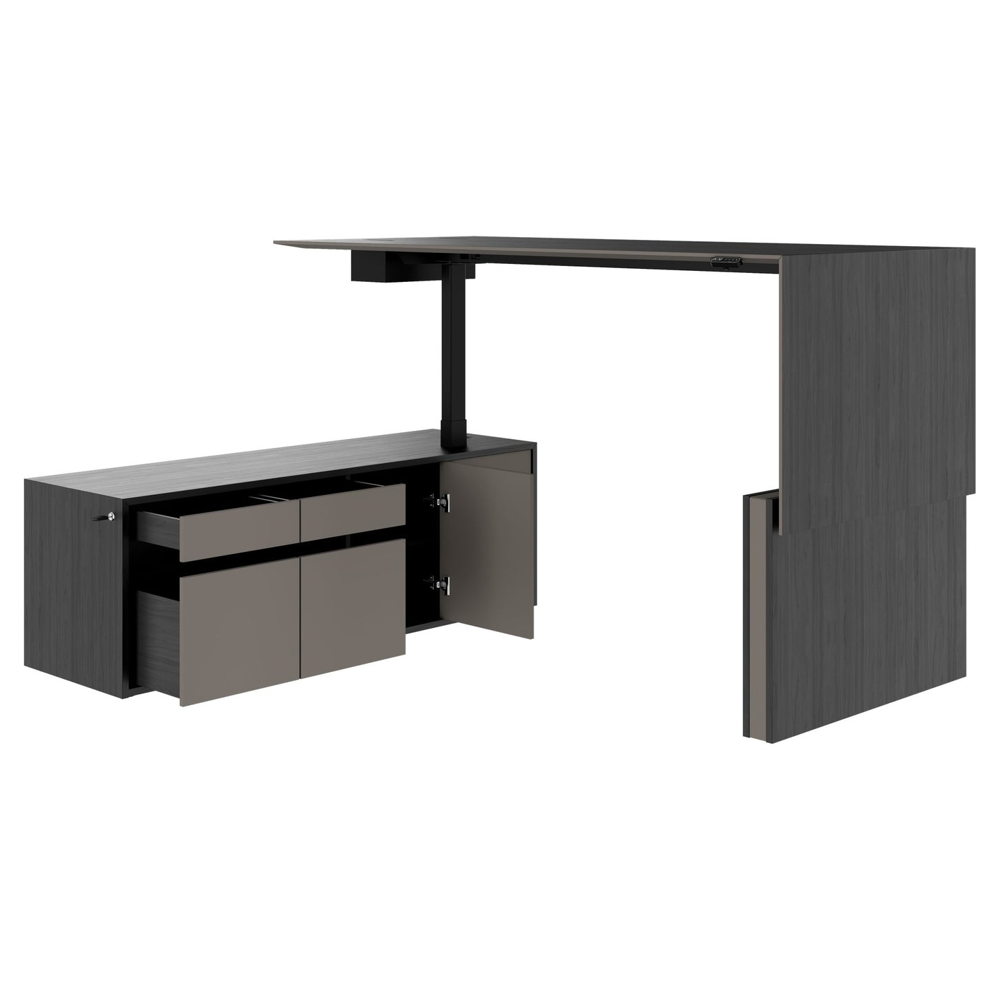 MOTION 2-Motoren-Schreibtisch mit Sideboard | Elektrisch höhenverstellbar, 2000 x 1800 mm, Esche Schwarz Furnier