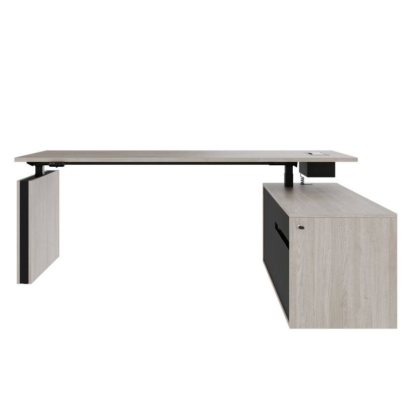 MOTION Desk a 2 motori con sideboard | Regolabile elettricamente in altezza, 2000 x 1800 mm, grigio di quercia nordica