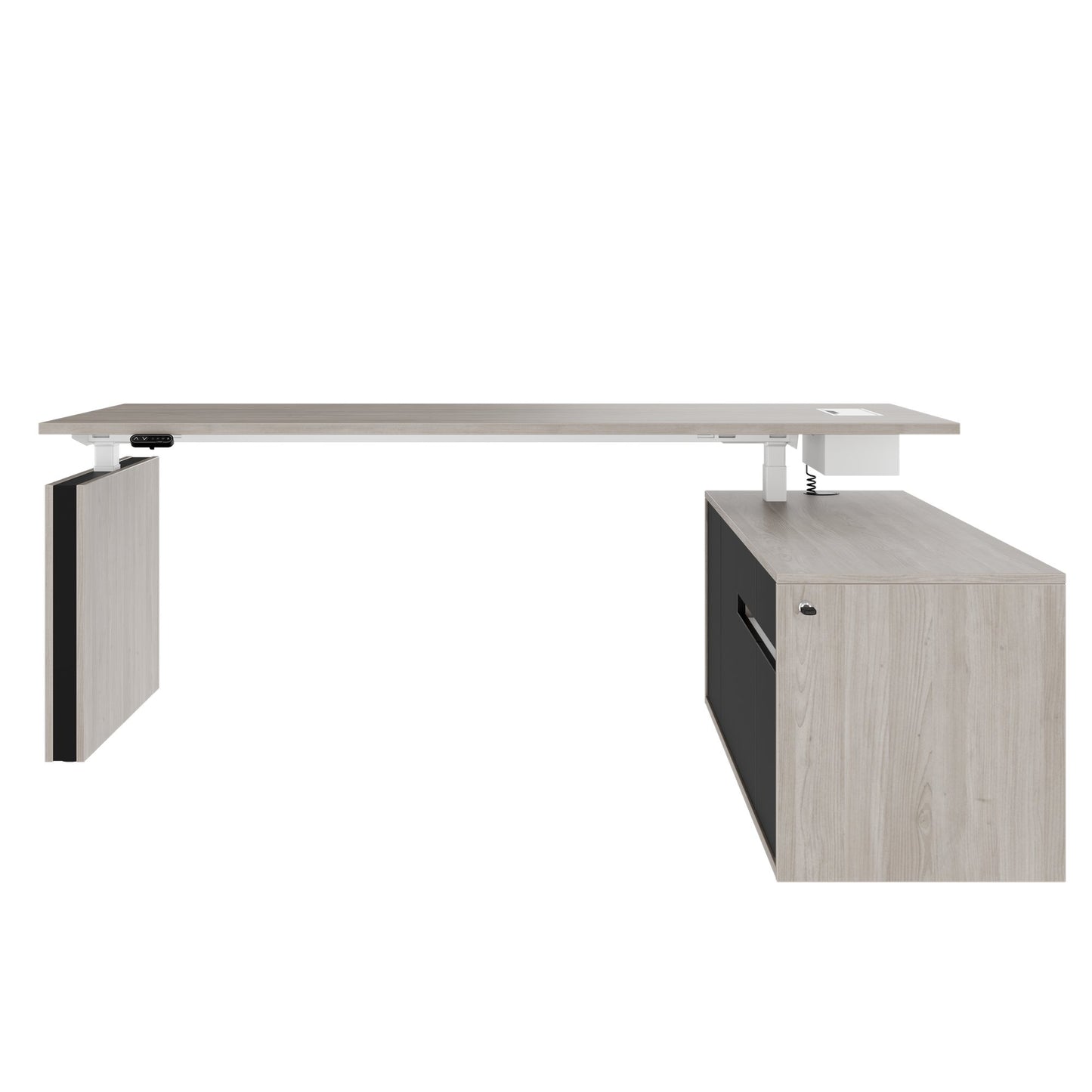 MOTION 2 motor desk with sideboard | Electrically height adjustable, 2000 x 1800 mm, gray northern oak
