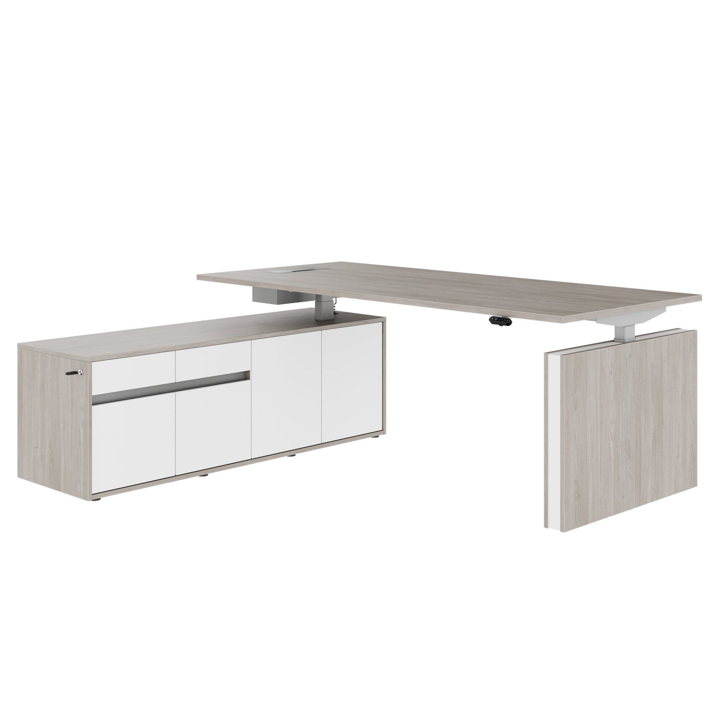 MOTION 2 motor desk with sideboard | Electrically height adjustable, 2000 x 1800 mm, gray northern oak