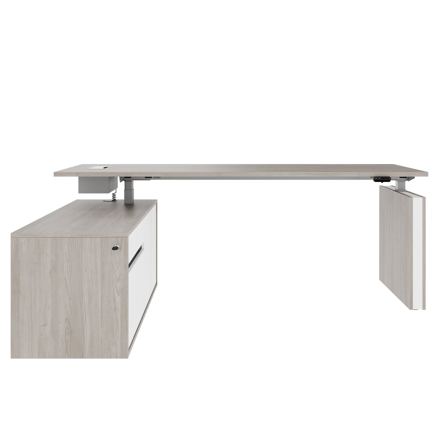 MOTION 2 motor desk with sideboard | Electrically height adjustable, 2000 x 1800 mm, gray northern oak