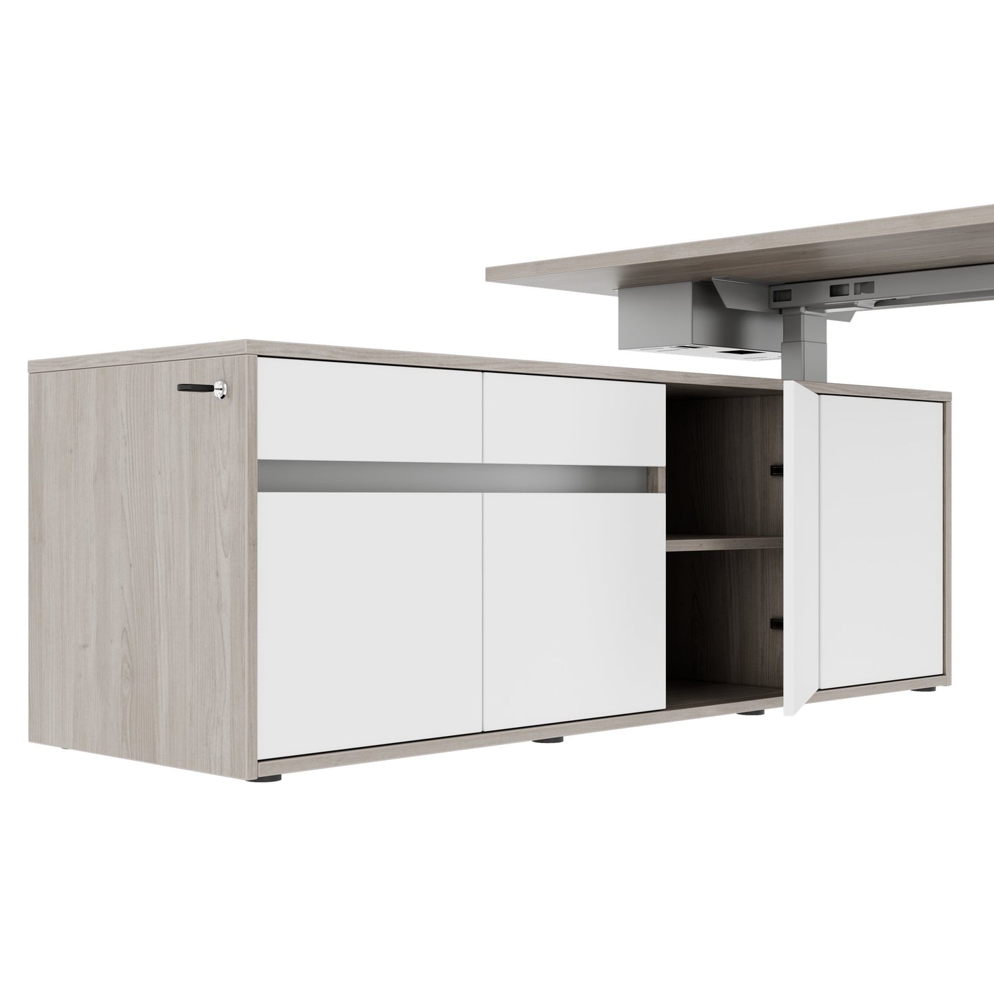 MOTION 2 motor desk with sideboard | Electrically height adjustable, 2000 x 1800 mm, gray northern oak
