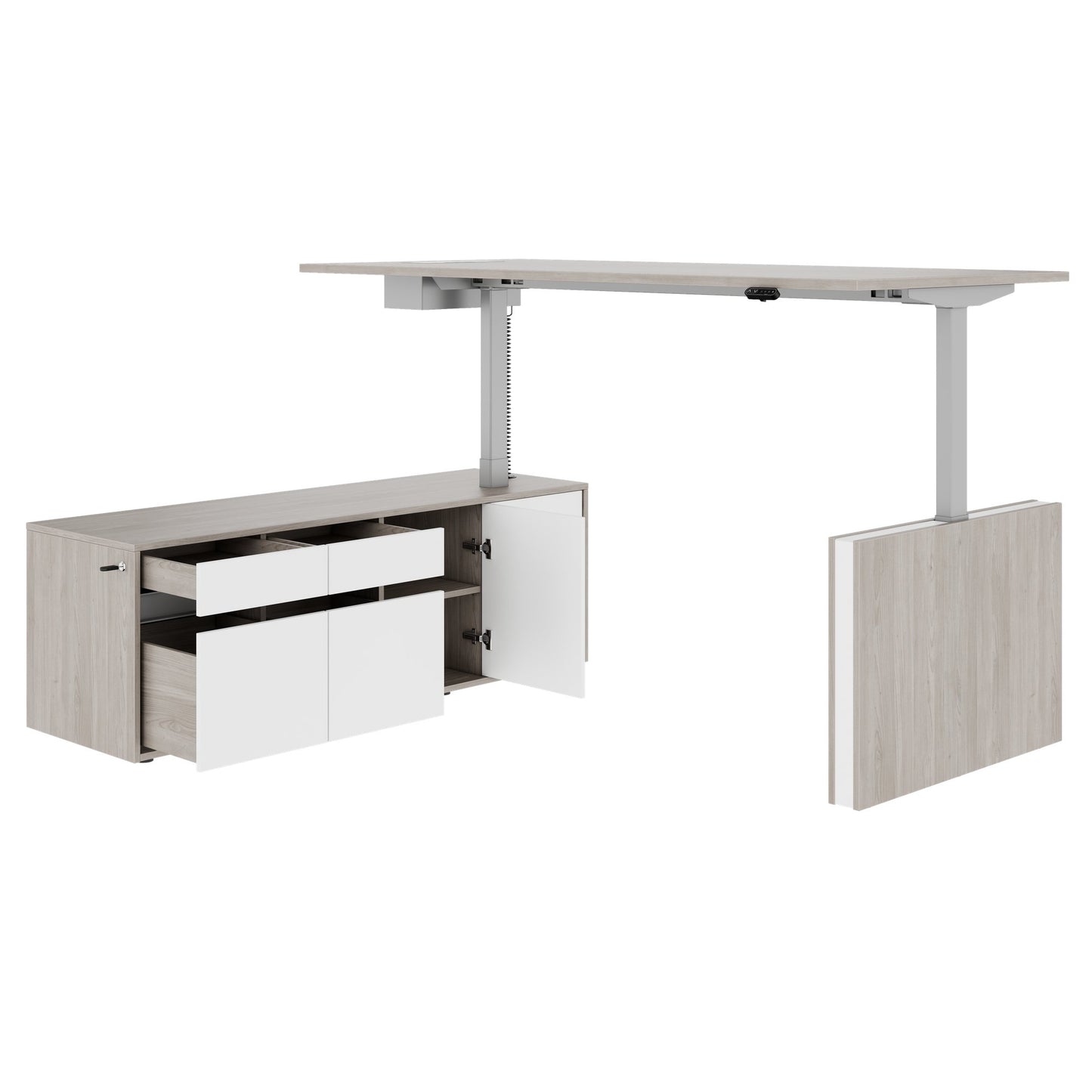 MOTION 2 motor desk with sideboard | Electrically height adjustable, 2000 x 1800 mm, gray northern oak