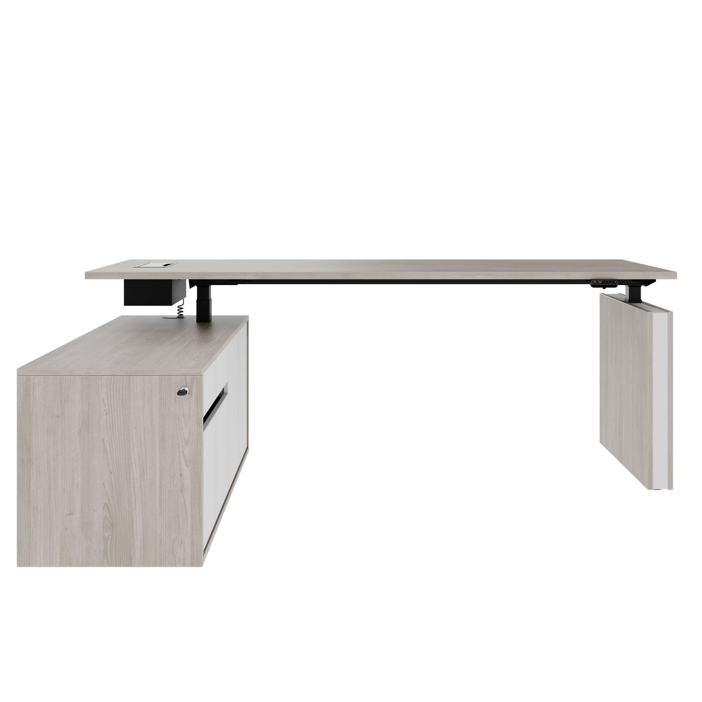 MOTION 2 motor desk with sideboard | Electrically height adjustable, 2000 x 1800 mm, gray northern oak