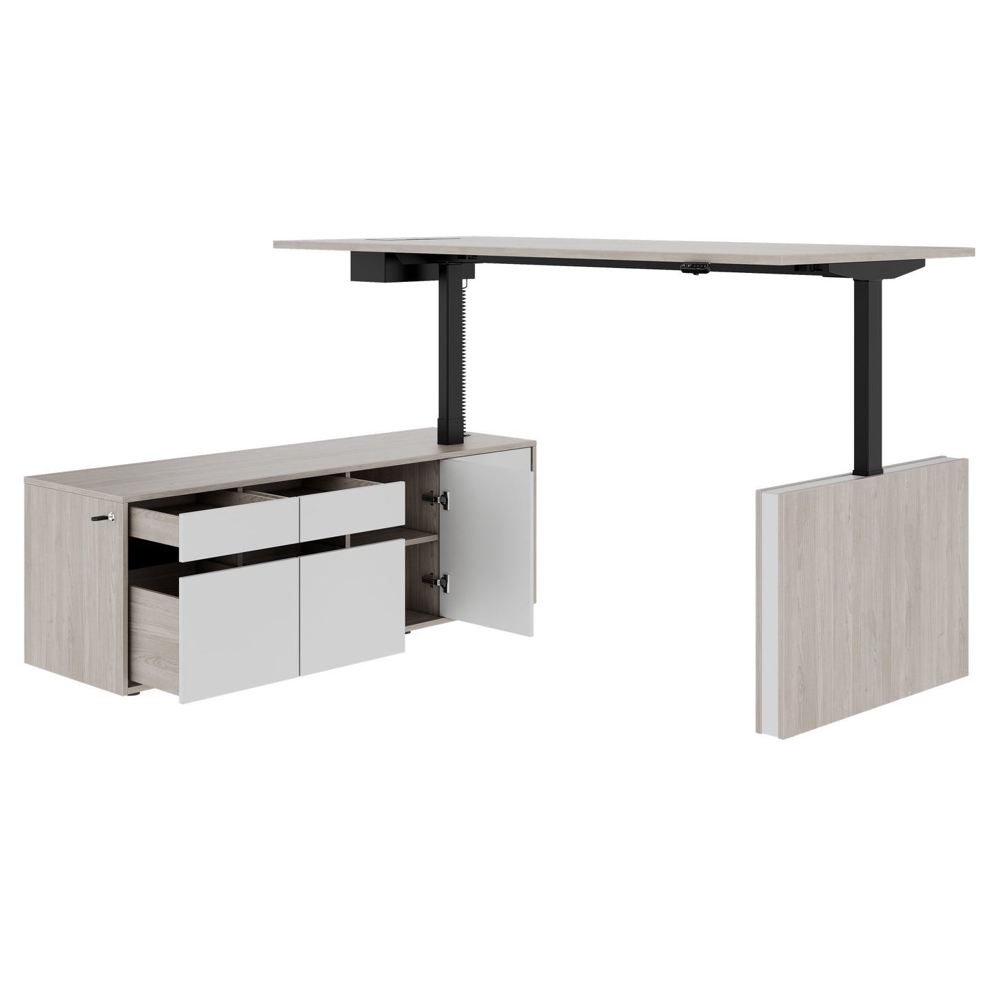 MOTION 2 motor desk with sideboard | Electrically height adjustable, 2000 x 1800 mm, gray northern oak