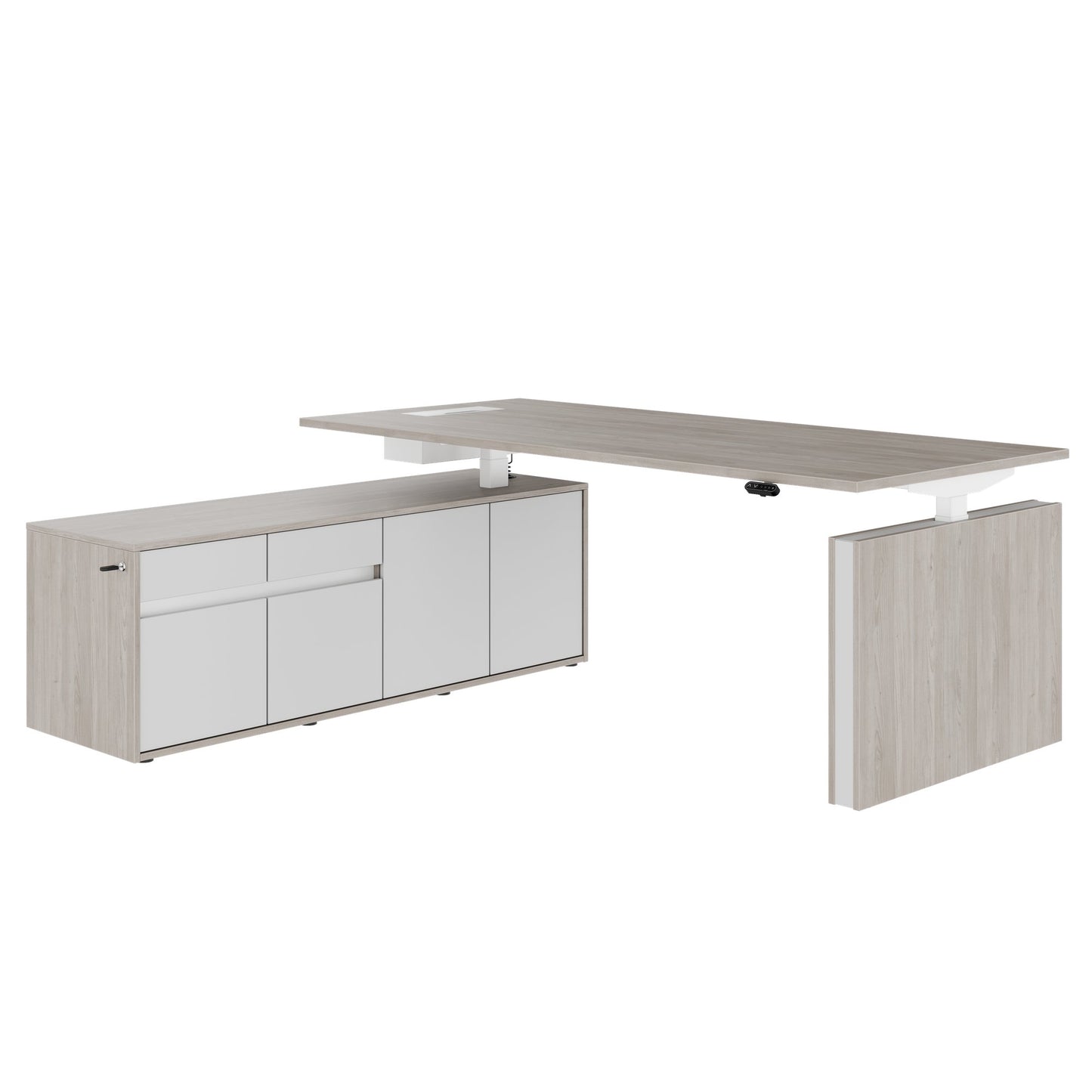 MOTION 2 motor desk with sideboard | Electrically height adjustable, 2000 x 1800 mm, gray northern oak