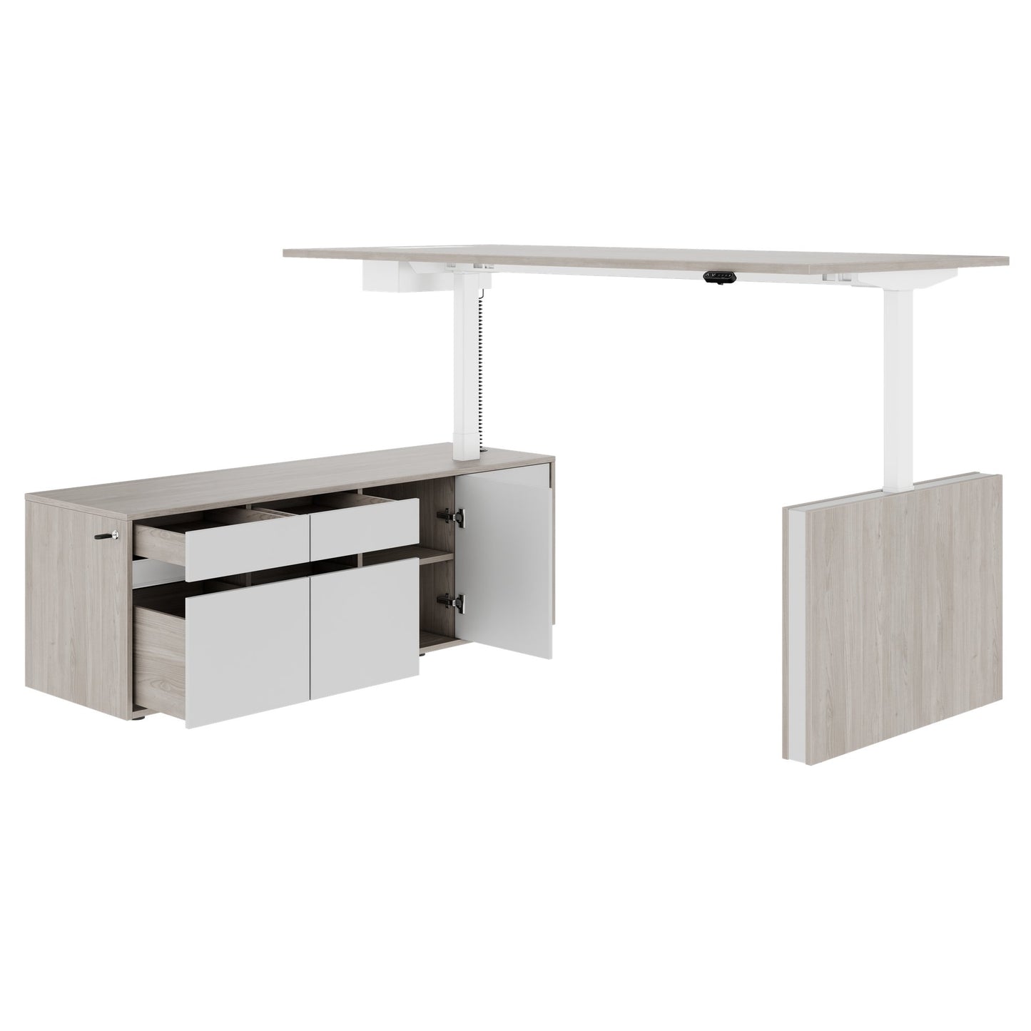 MOTION 2 motor desk with sideboard | Electrically height adjustable, 2000 x 1800 mm, gray northern oak