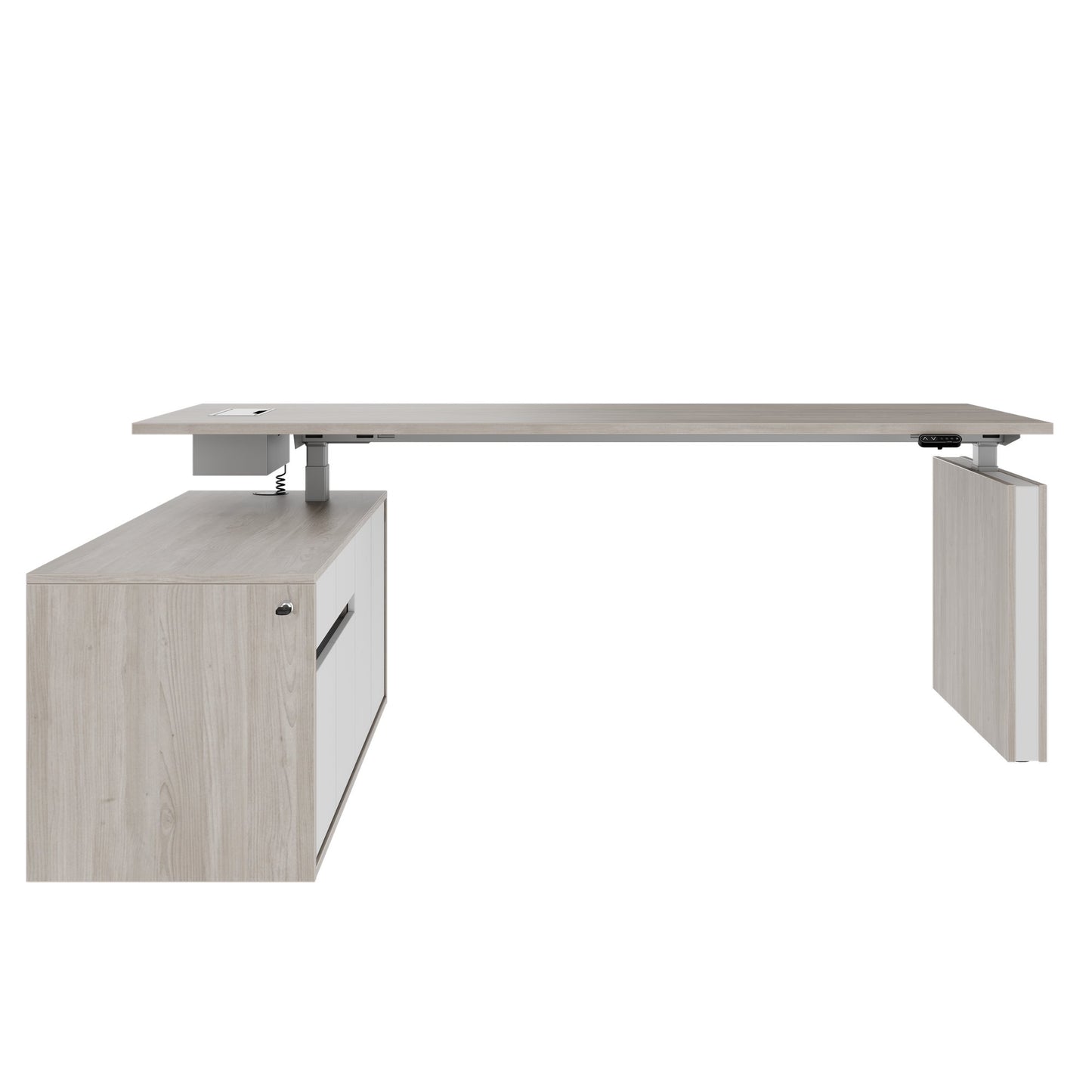 MOTION 2 motor desk with sideboard | Electrically height adjustable, 2000 x 1800 mm, gray northern oak