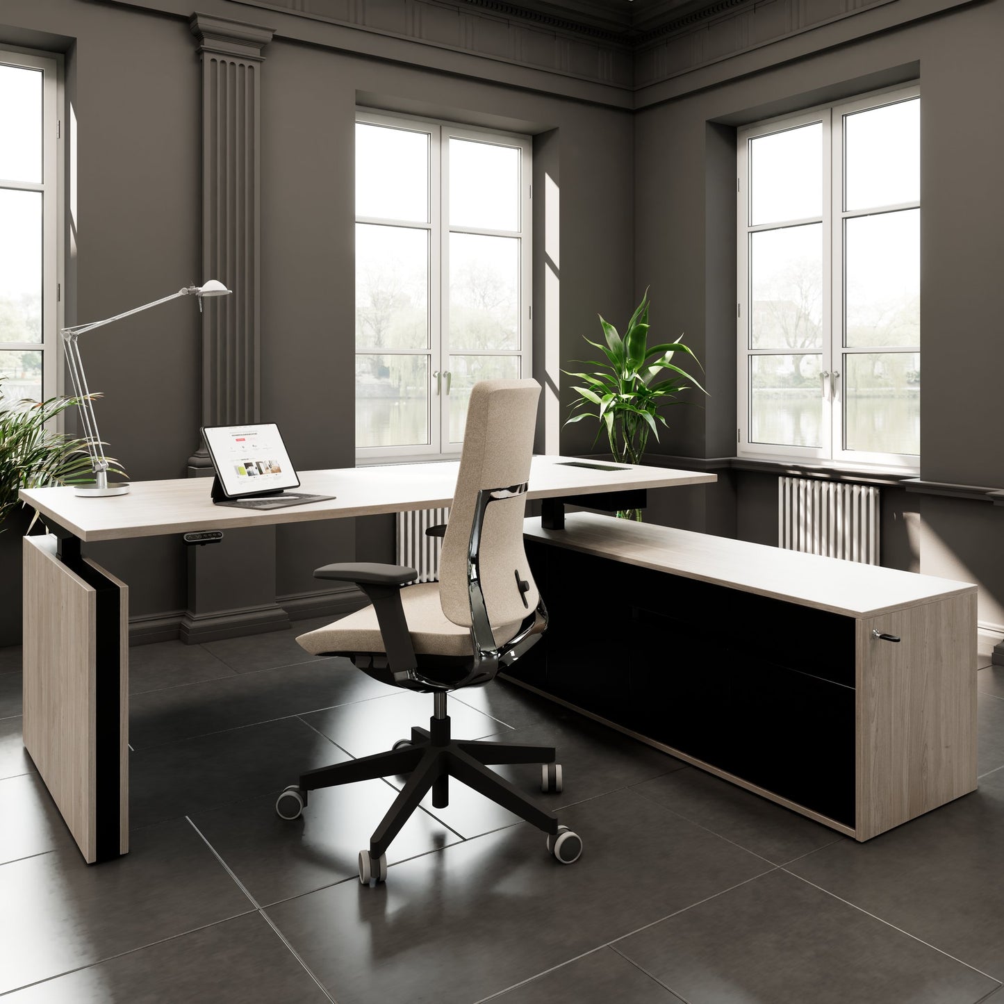 MOTION 2 motor desk with sideboard | Electrically height adjustable, 2000 x 1800 mm, gray northern oak