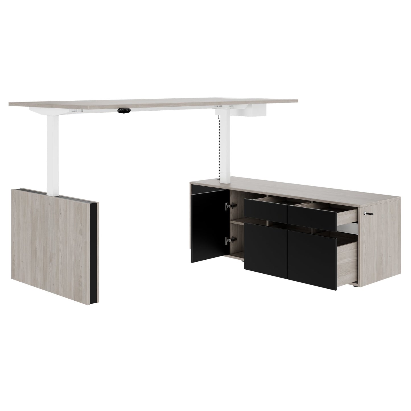 MOTION 2 motor desk with sideboard | Electrically height adjustable, 2000 x 1800 mm, gray northern oak