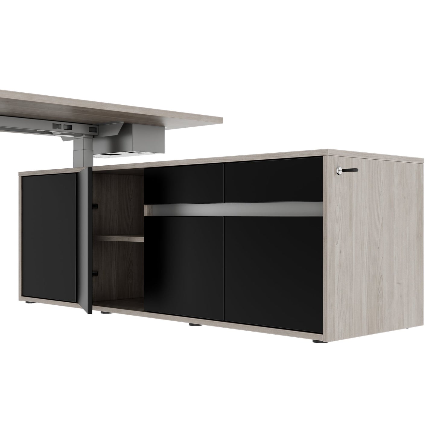 MOTION 2 motor desk with sideboard | Electrically height adjustable, 2000 x 1800 mm, gray northern oak