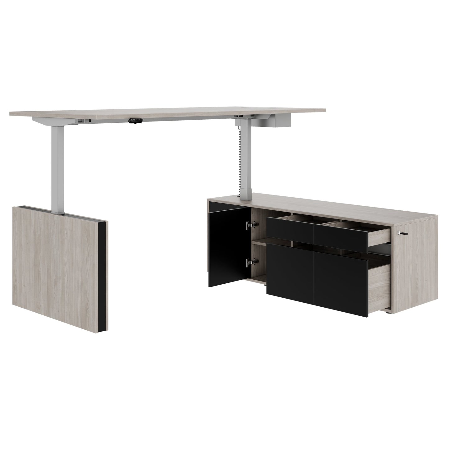 MOTION 2 motor desk with sideboard | Electrically height adjustable, 2000 x 1800 mm, gray northern oak