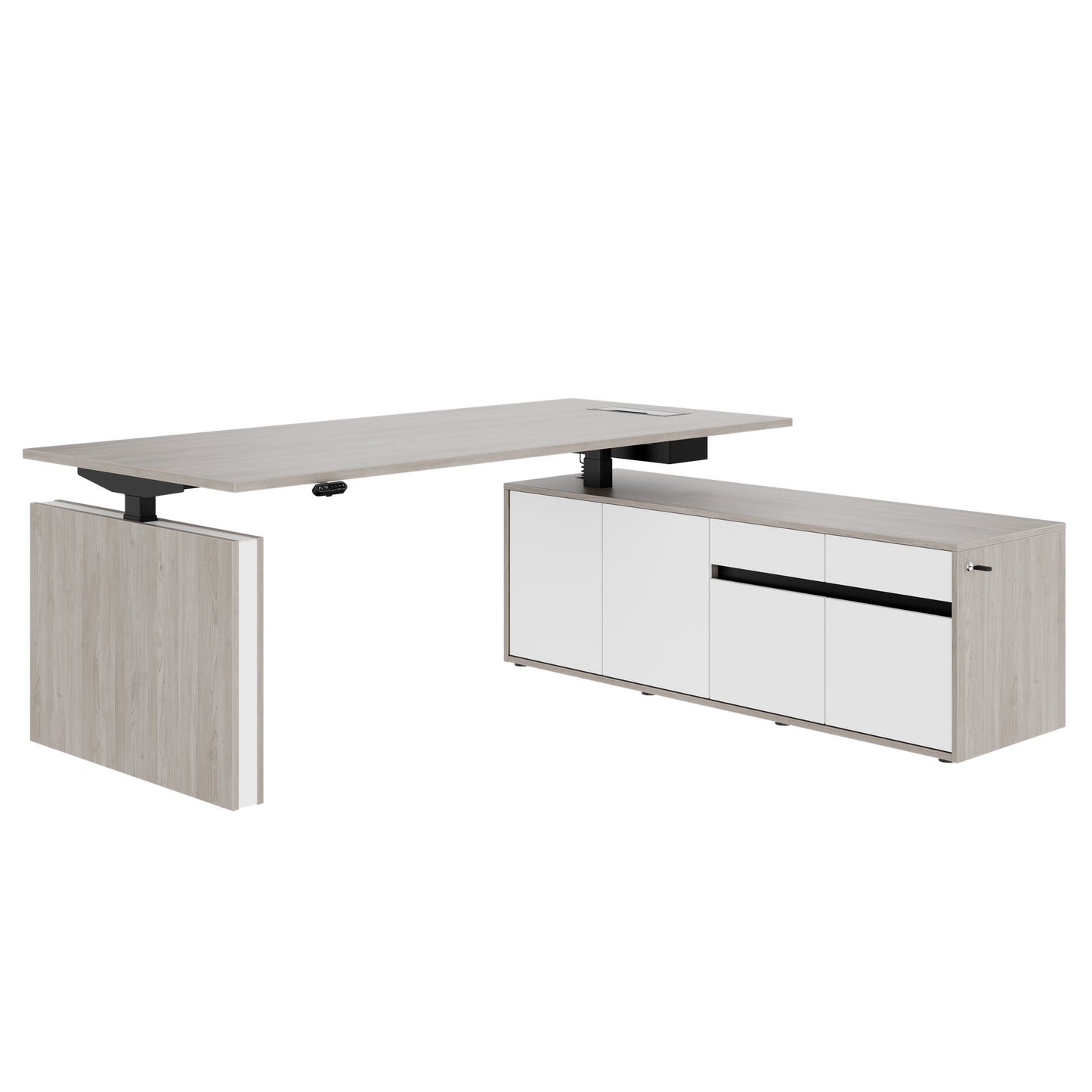 MOTION 2 motor desk with sideboard | Electrically height adjustable, 2000 x 1800 mm, gray northern oak