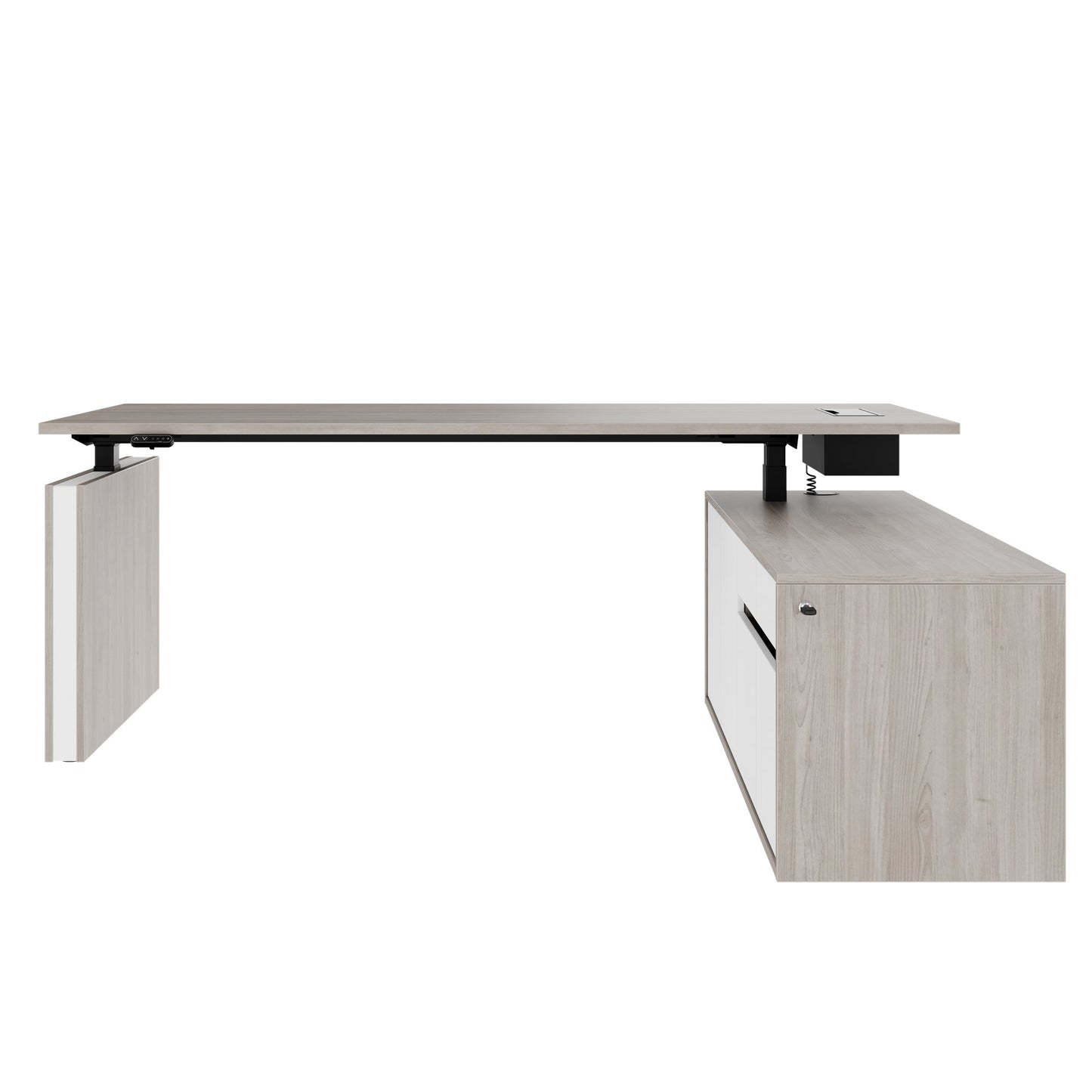 MOTION 2 motor desk with sideboard | Electrically height adjustable, 2000 x 1800 mm, gray northern oak