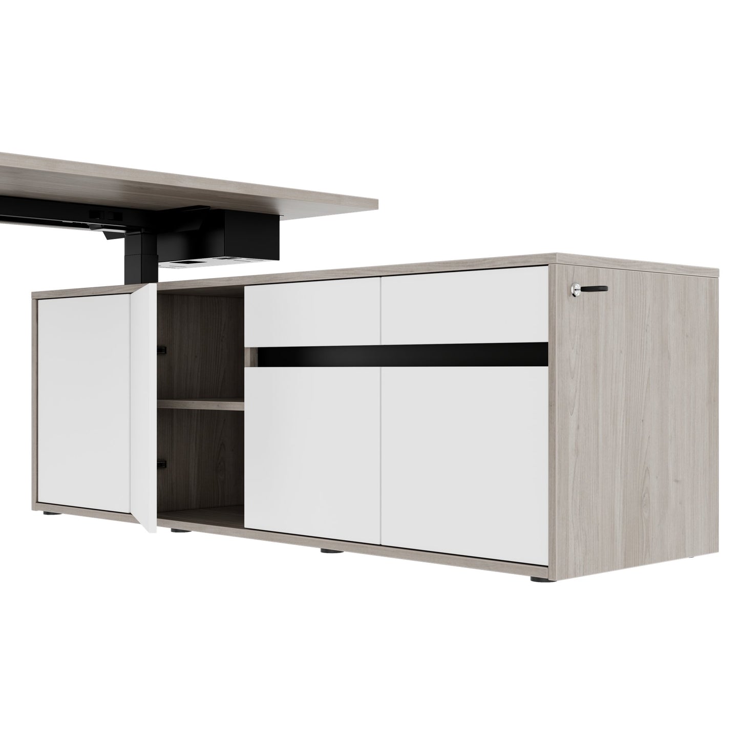 MOTION 2 motor desk with sideboard | Electrically height adjustable, 2000 x 1800 mm, gray northern oak