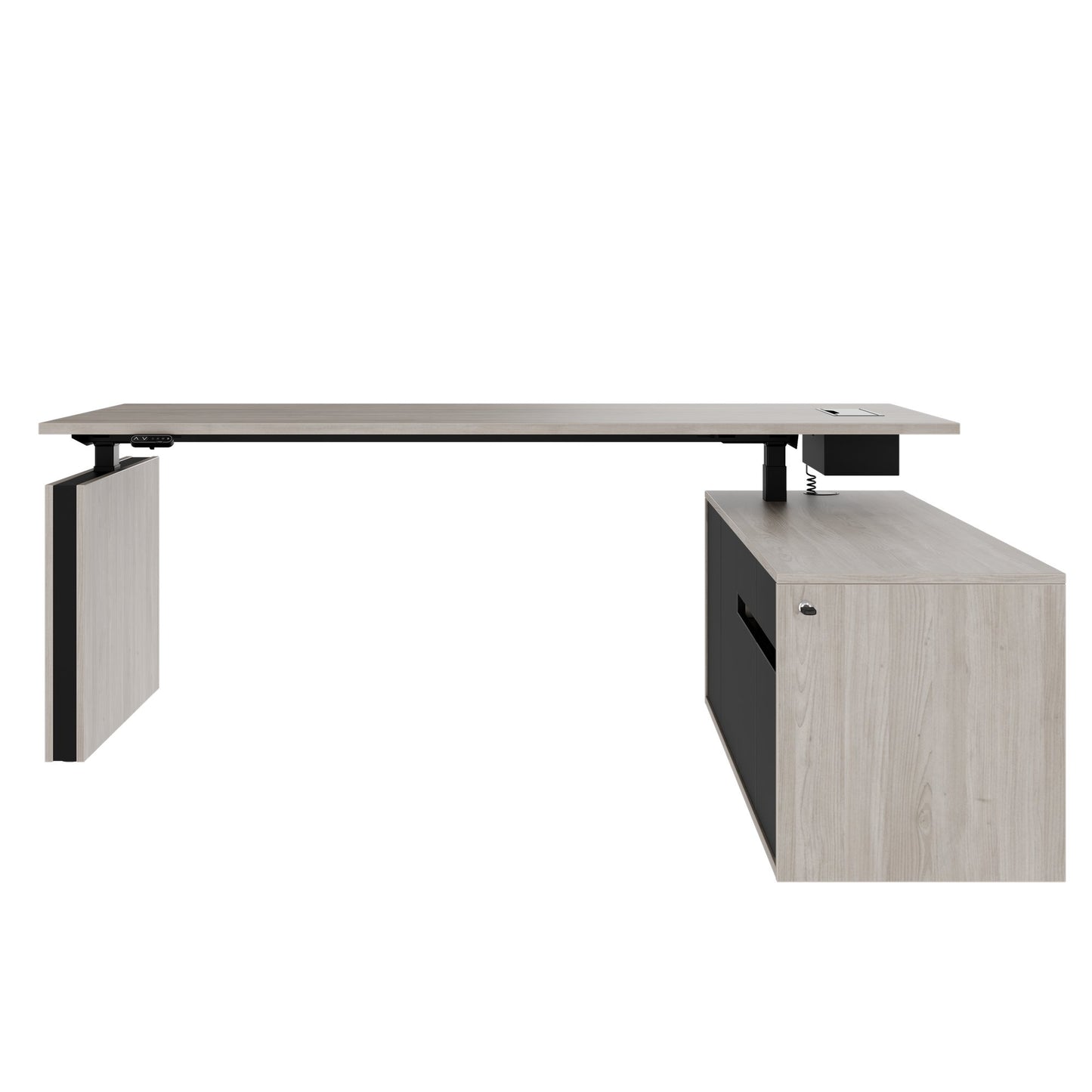 MOTION 2 motor desk with sideboard | Electrically height adjustable, 2000 x 1800 mm, gray northern oak
