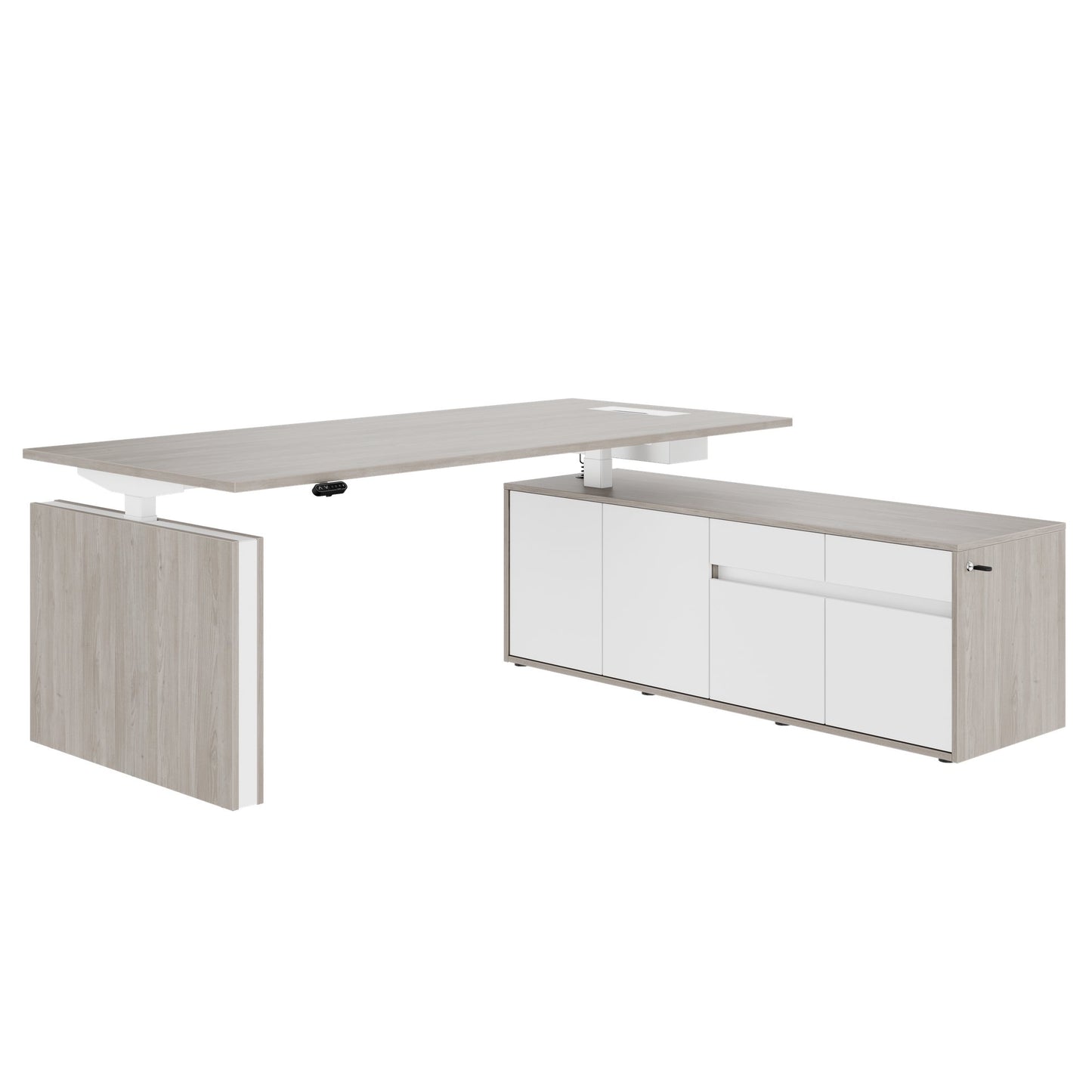 MOTION 2 motor desk with sideboard | Electrically height adjustable, 2000 x 1800 mm, gray northern oak