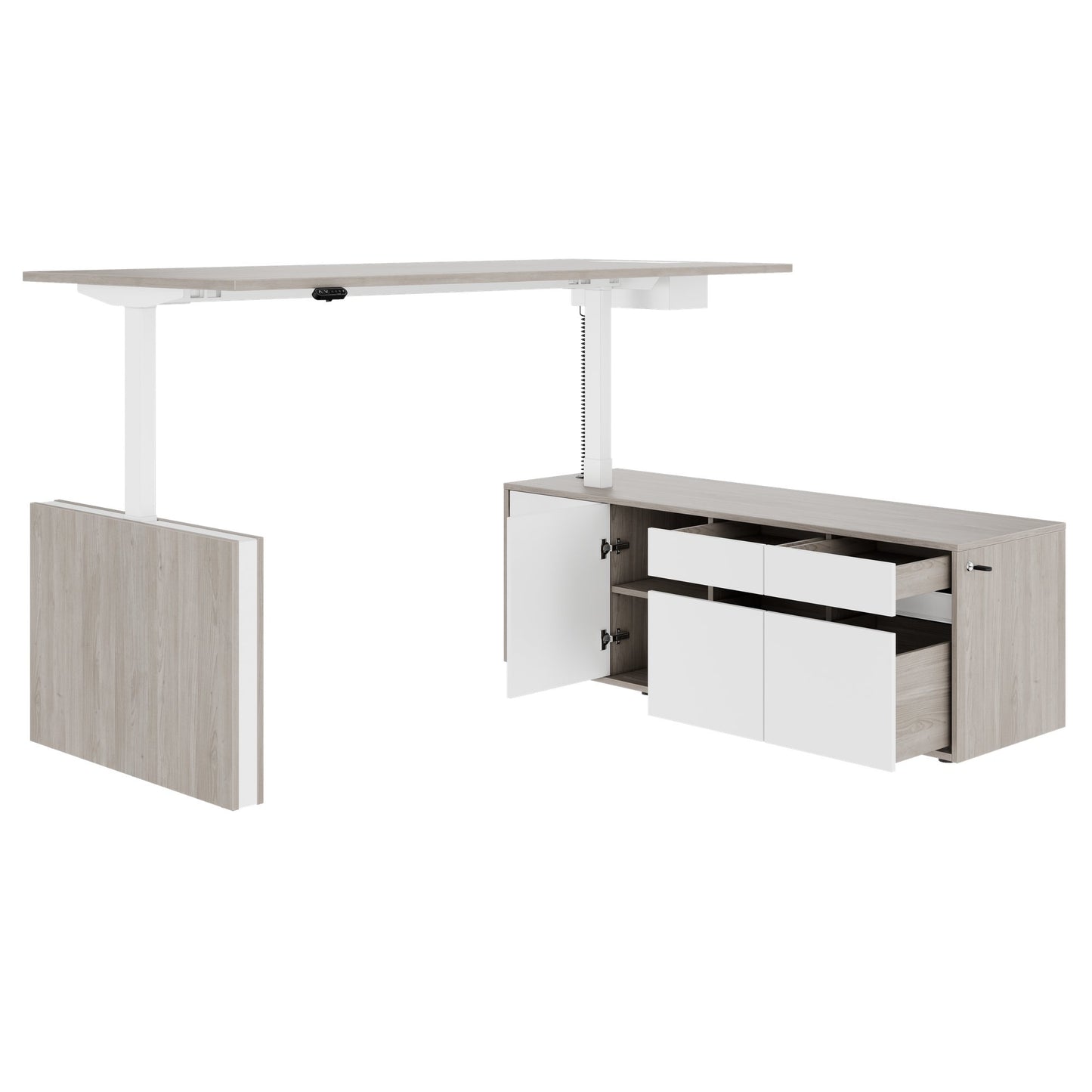 MOTION 2 motor desk with sideboard | Electrically height adjustable, 2000 x 1800 mm, gray northern oak