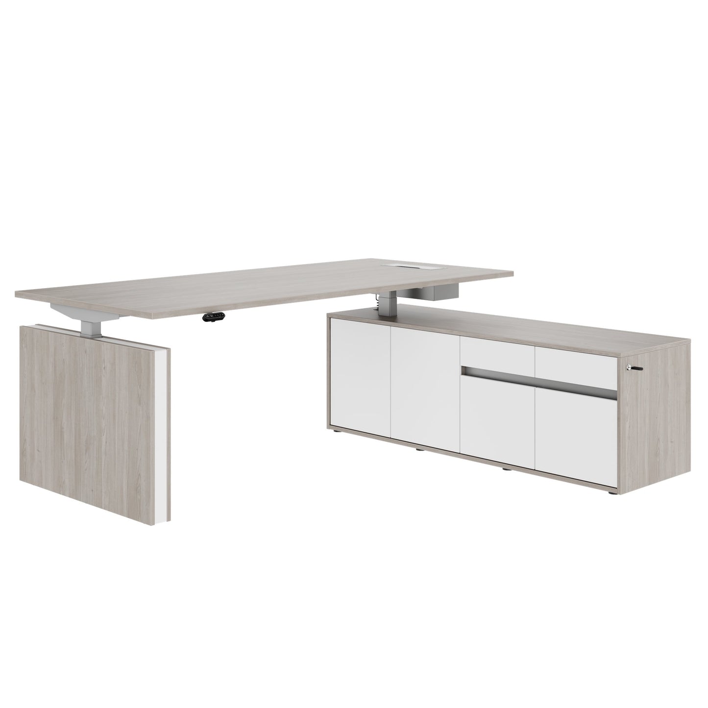 MOTION 2 motor desk with sideboard | Electrically height adjustable, 2000 x 1800 mm, gray northern oak