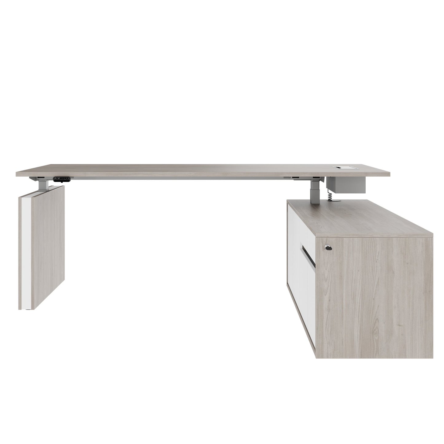 MOTION 2 motor desk with sideboard | Electrically height adjustable, 2000 x 1800 mm, gray northern oak