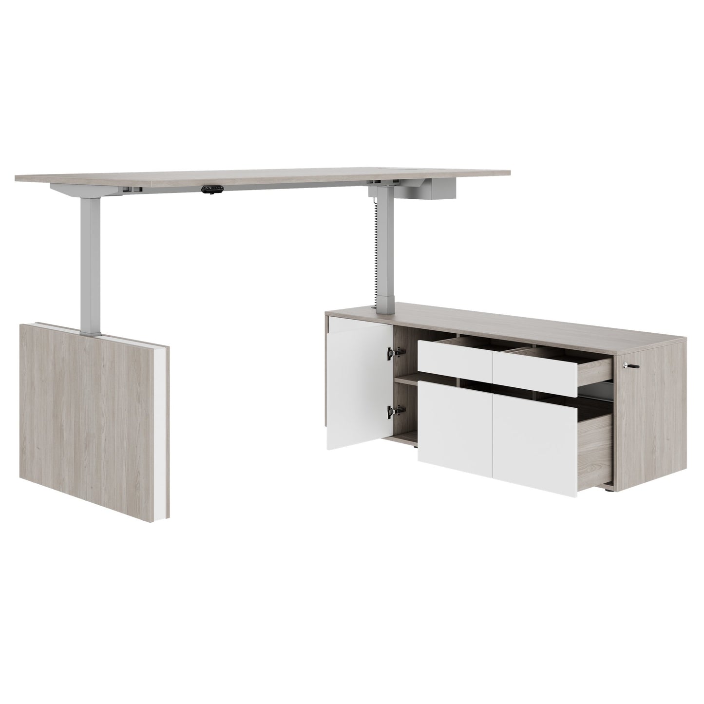 MOTION 2 motor desk with sideboard | Electrically height adjustable, 2000 x 1800 mm, gray northern oak