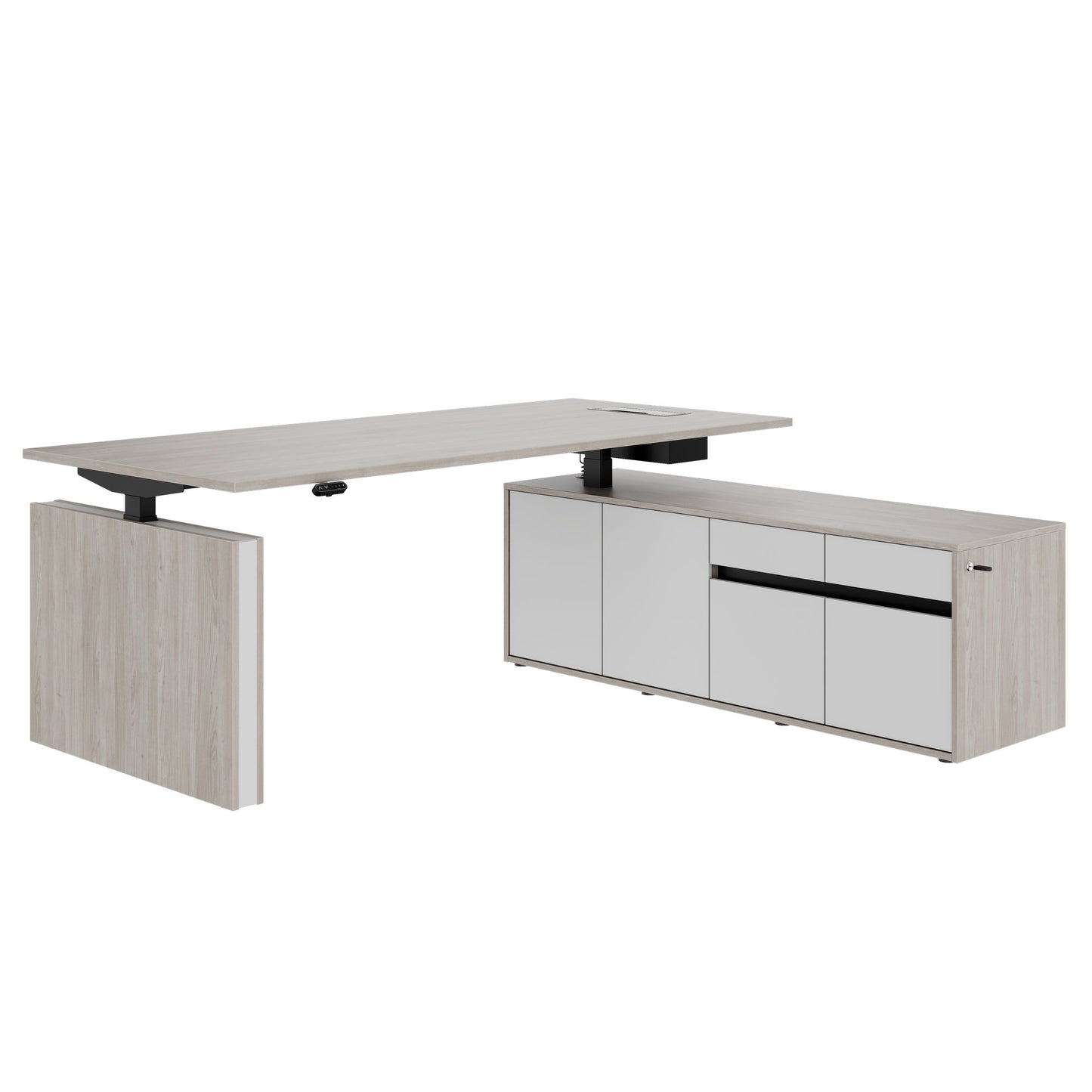 MOTION 2 motor desk with sideboard | Electrically height adjustable, 2000 x 1800 mm, gray northern oak