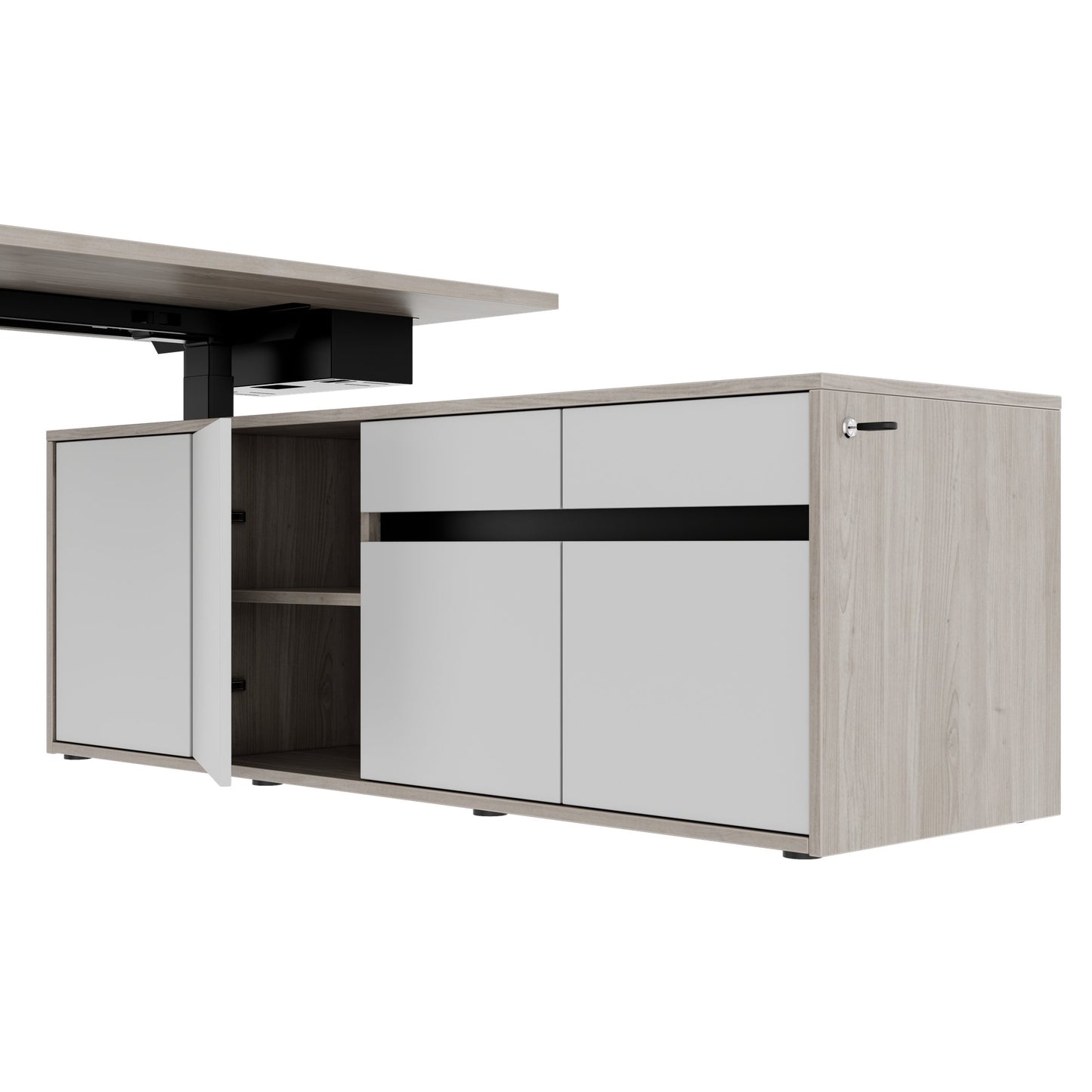 MOTION 2 motor desk with sideboard | Electrically height adjustable, 2000 x 1800 mm, gray northern oak
