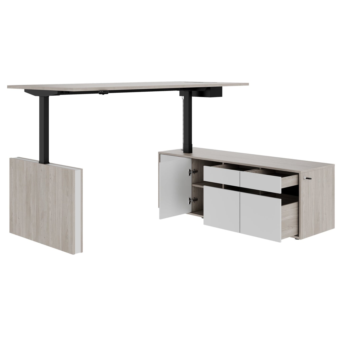 MOTION 2 motor desk with sideboard | Electrically height adjustable, 2000 x 1800 mm, gray northern oak