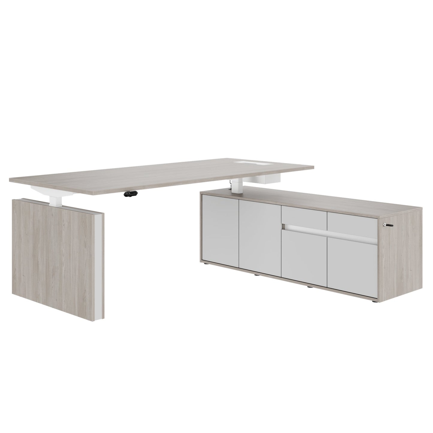 MOTION 2 motor desk with sideboard | Electrically height adjustable, 2000 x 1800 mm, gray northern oak