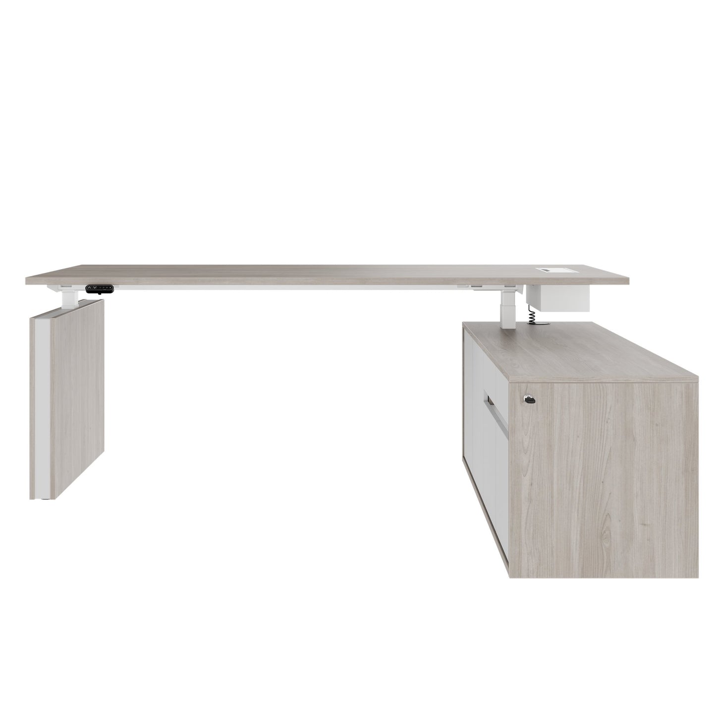 MOTION 2 motor desk with sideboard | Electrically height adjustable, 2000 x 1800 mm, gray northern oak