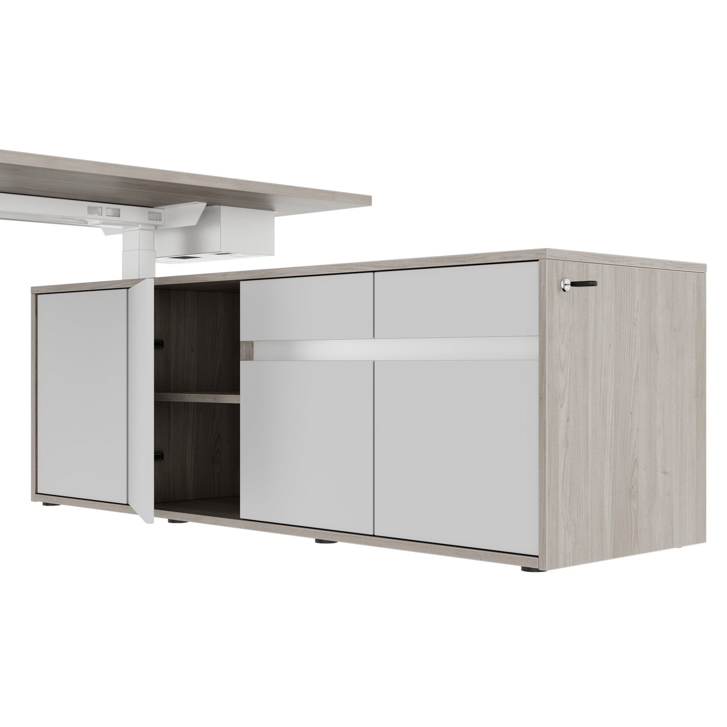 MOTION 2 motor desk with sideboard | Electrically height adjustable, 2000 x 1800 mm, gray northern oak