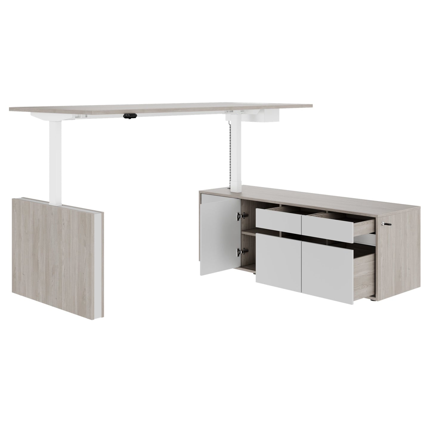 MOTION 2 motor desk with sideboard | Electrically height adjustable, 2000 x 1800 mm, gray northern oak