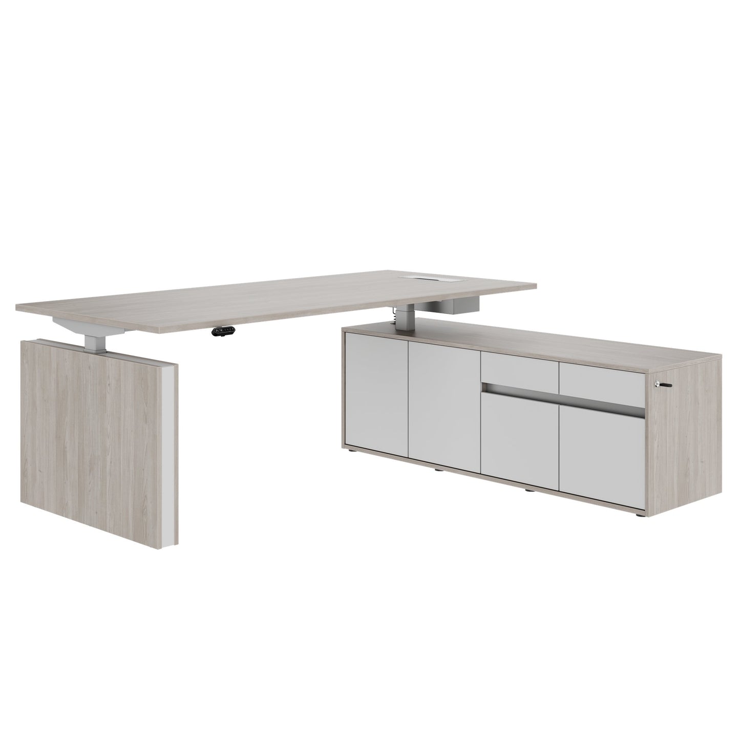 MOTION 2 motor desk with sideboard | Electrically height adjustable, 2000 x 1800 mm, gray northern oak