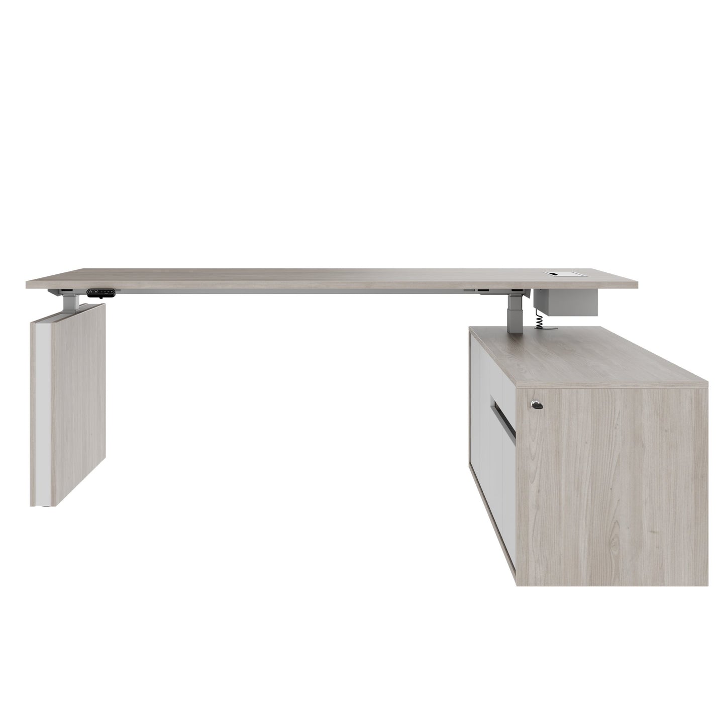 MOTION 2 motor desk with sideboard | Electrically height adjustable, 2000 x 1800 mm, gray northern oak